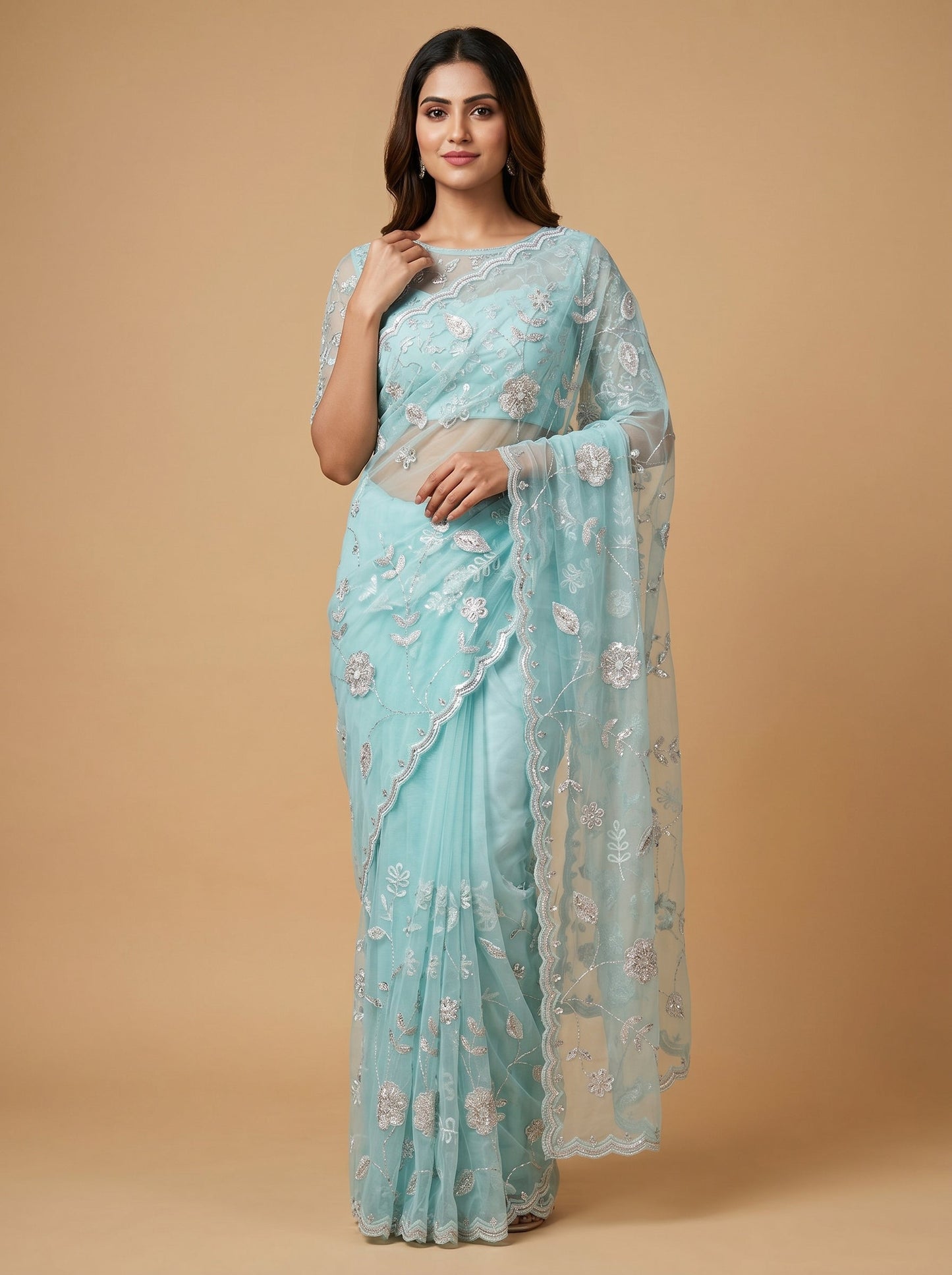 Aqua Crystal Tide Embroidered Saree