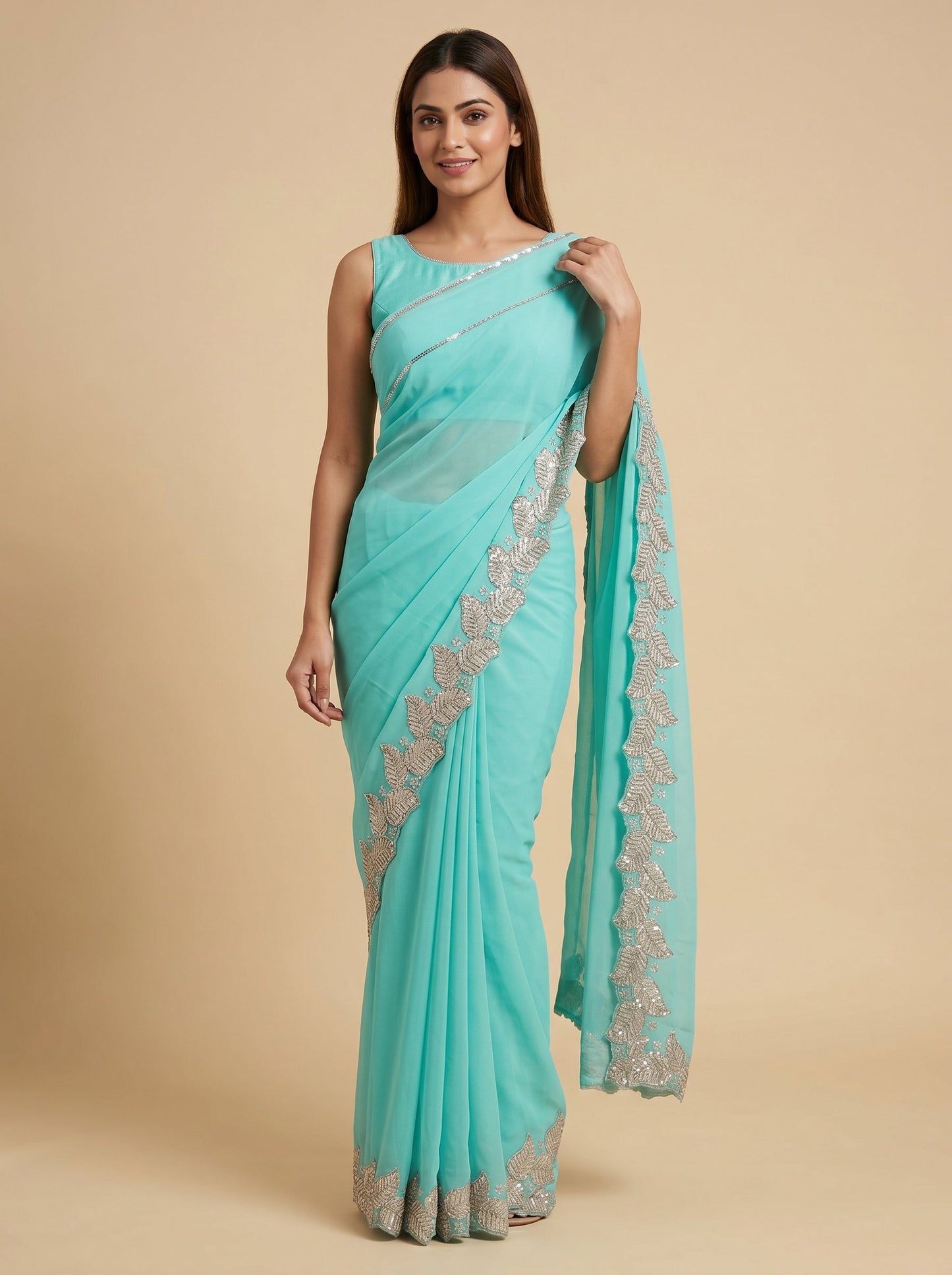 Aqua Green Lagoon Glow Embroidered Saree