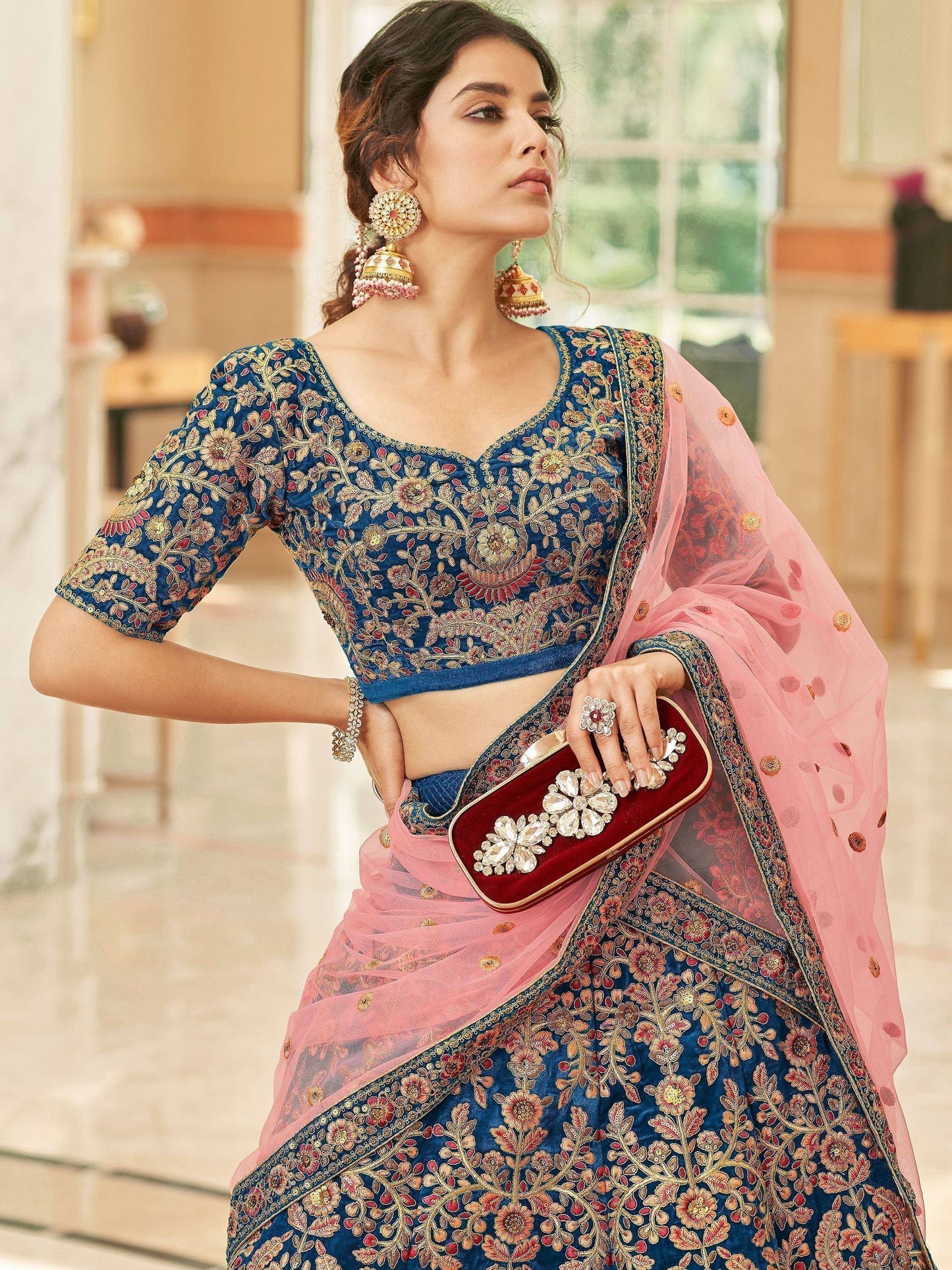 Tulsi Art Attractive Blue Heavy Embroidery Velvet Wedding Wear Lehenga Choli