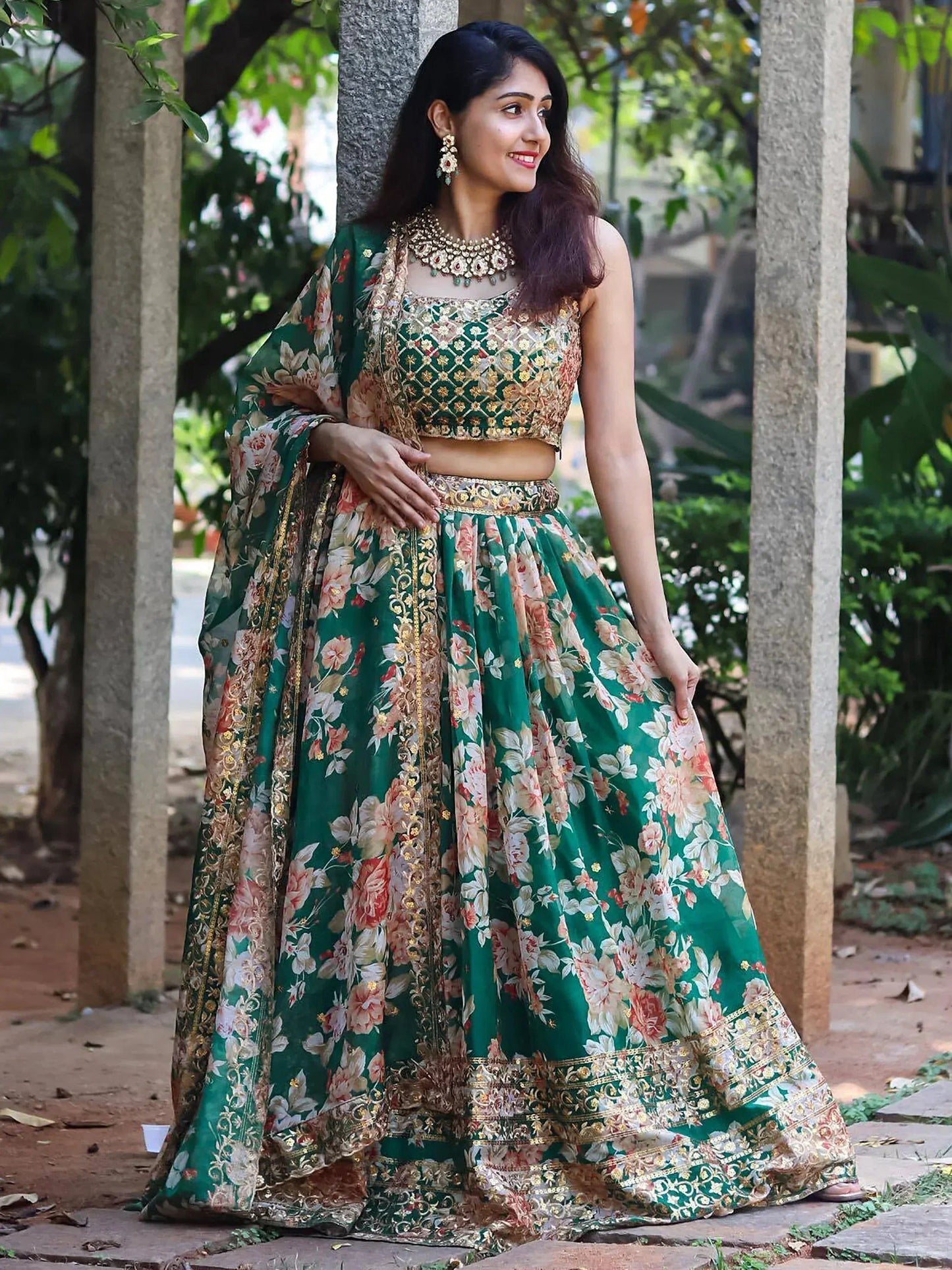 Tulsi Art Attractive Green Floral Printed Organza Wedding Wear Lehenga Choli