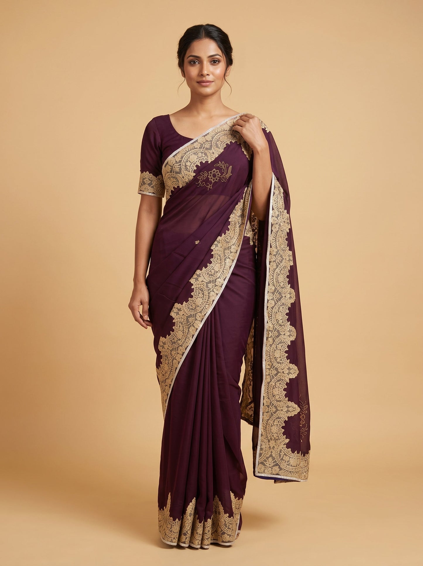 Aubergine Lace Embroidered Saree