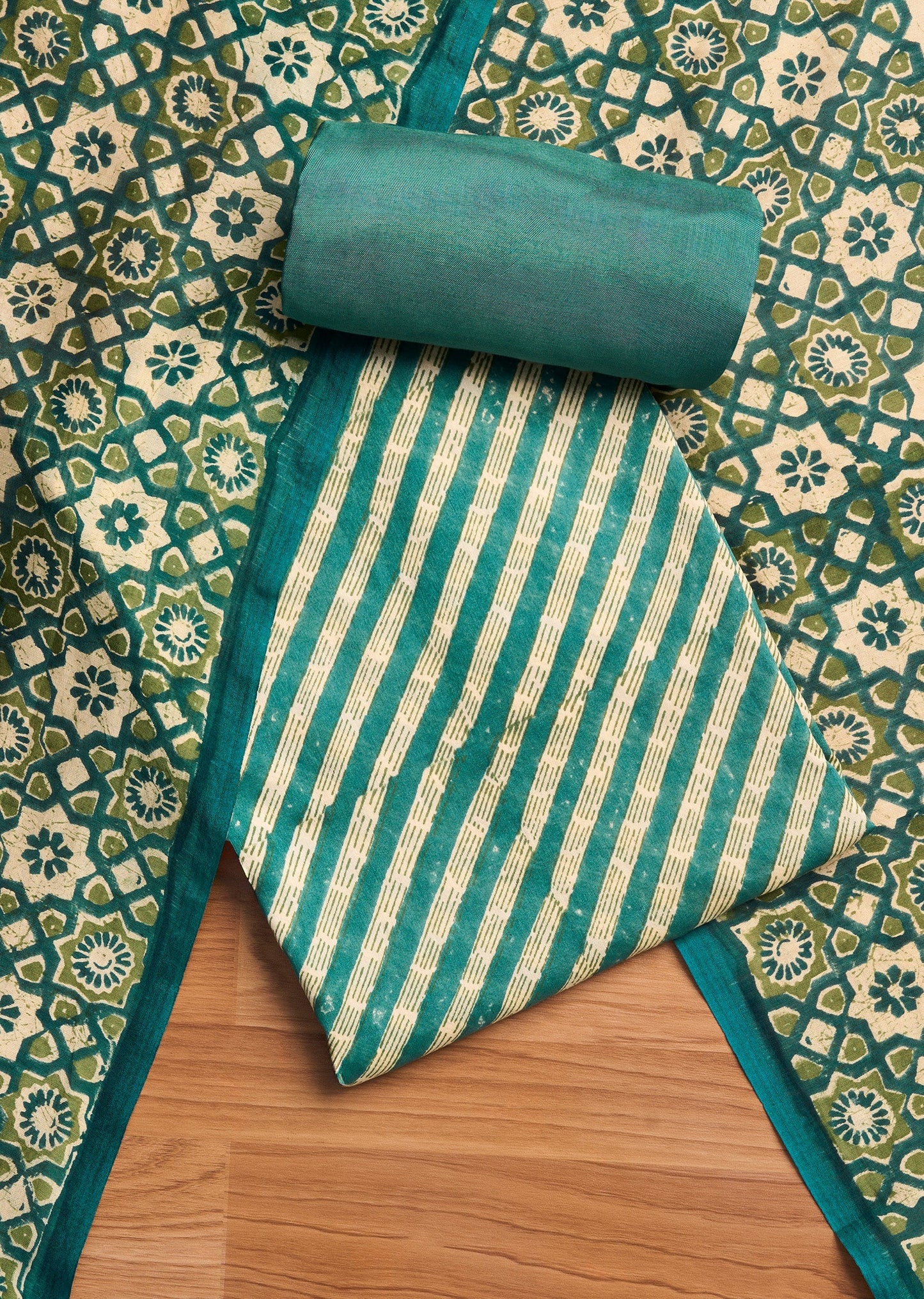 Azure Blue Chanderi Printed Unstitched Suit Set