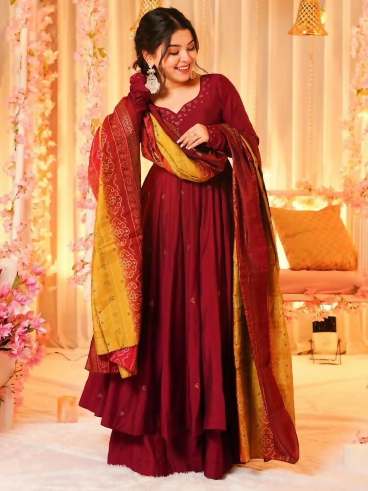 The52 Women's Beautiful Printed Work Viscose Fabric Flared Anarkali Palazzo and Dupatta Set