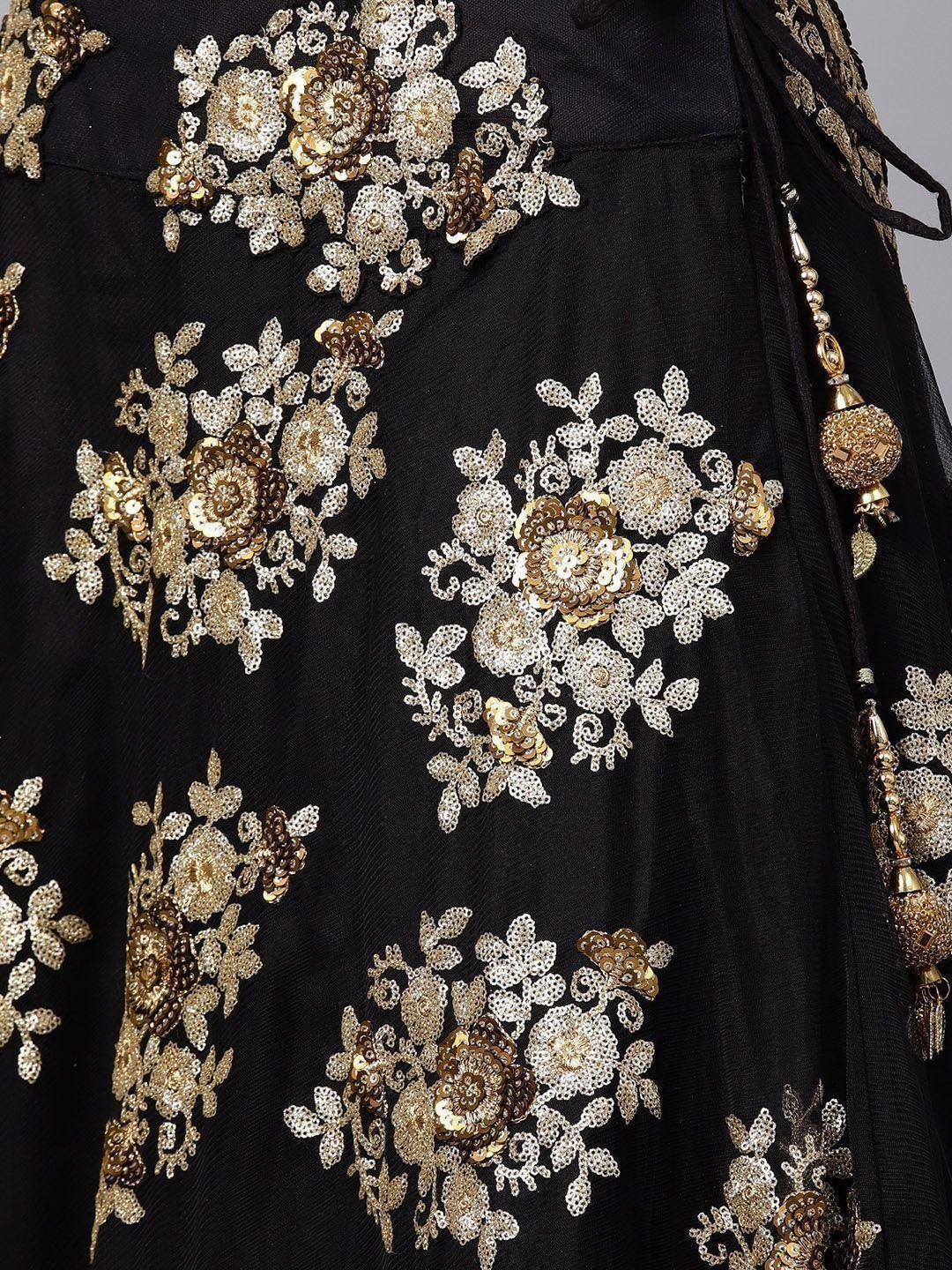 Tulsi Art Black Floral Golden Sequins Work Net Fabric Party Wear Lehenga Choli