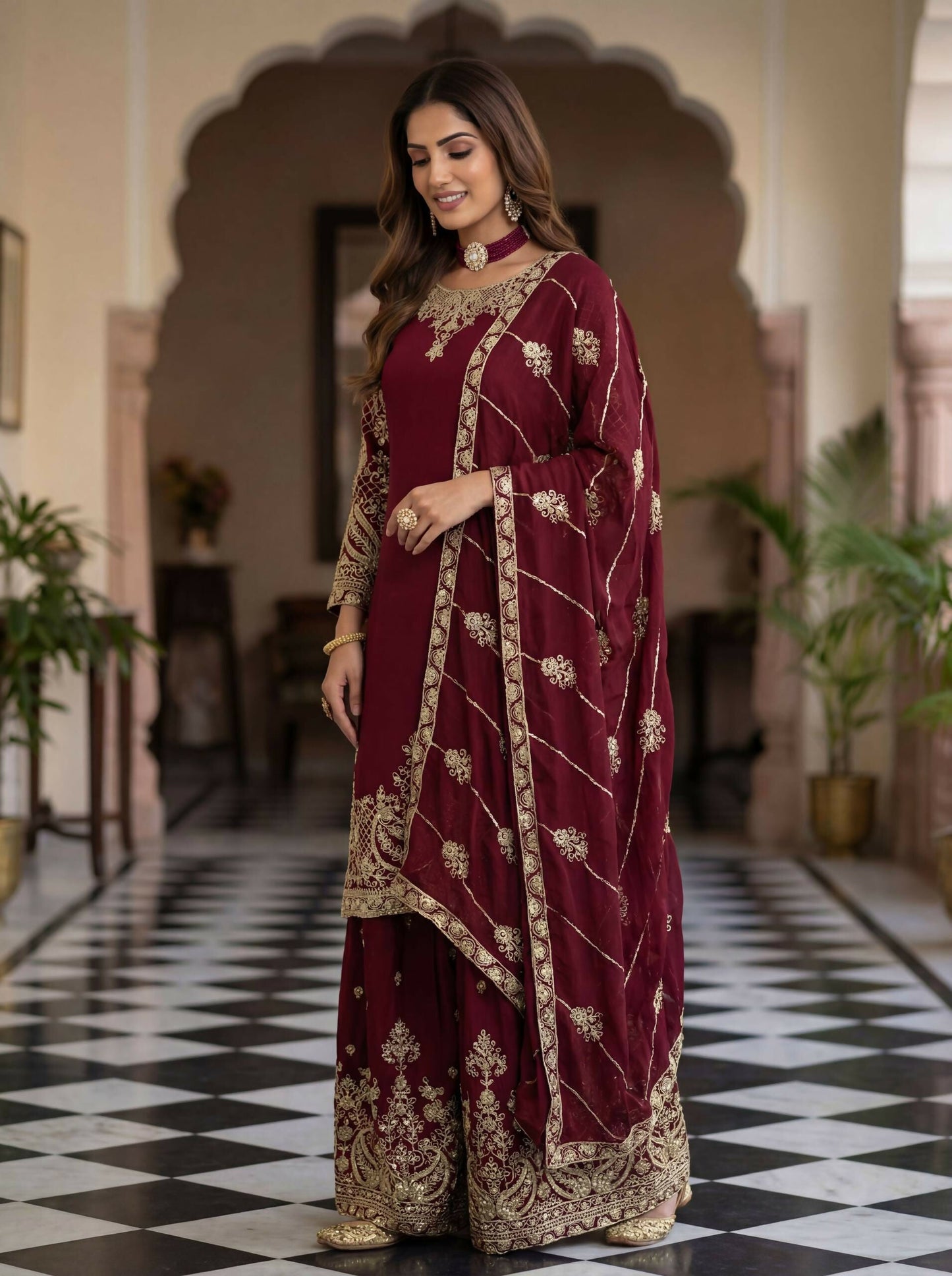 Teeya Creation New Trendy Traditional Wear Sharara with Heavy Border Dupatta Set - Maroon