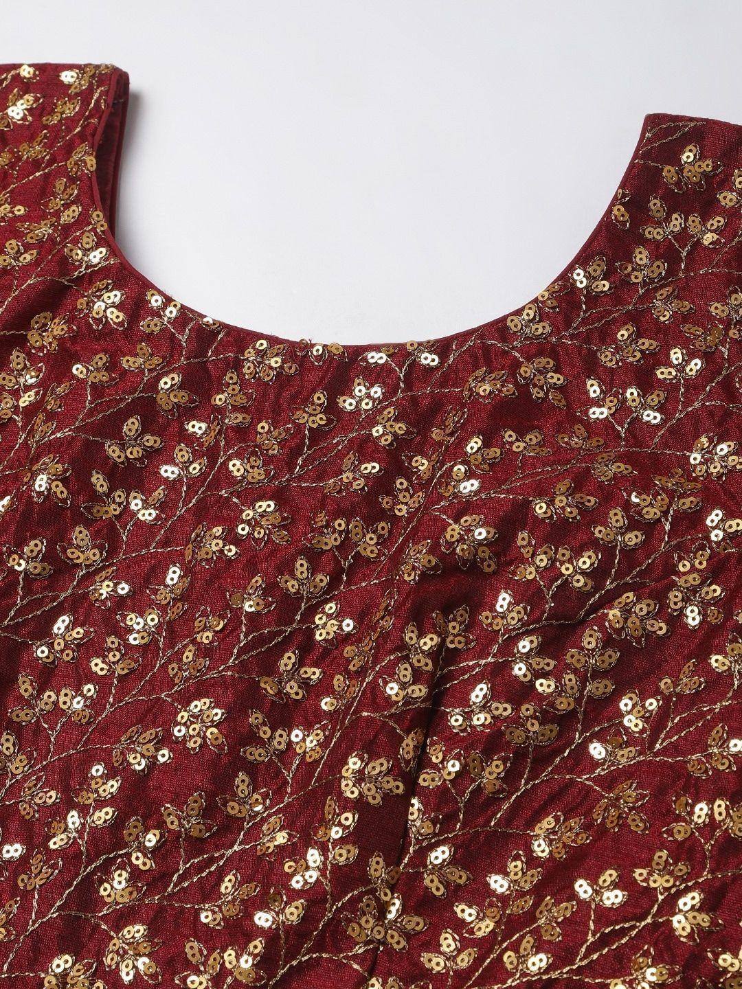 Tulsi Art Maroon & Golden Semi-Stitched Myntra Bridal Lehenga & Unstitched Blouse With Dupatta
