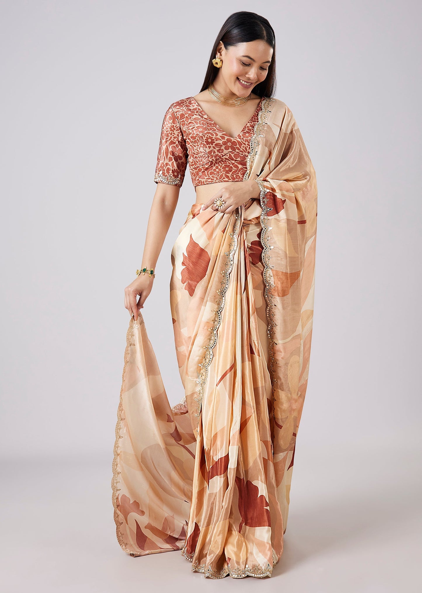 Beige Abstract Print Saree with Blouse