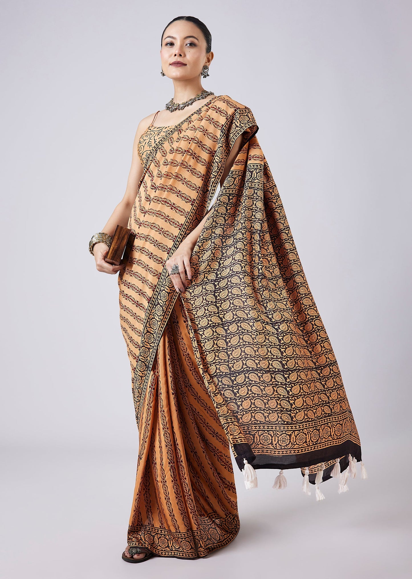 Beige Block Print Saree with Unstitched Blouse