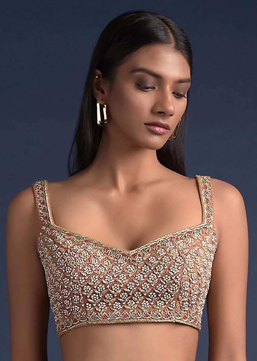 Beige Blouse In Raw Silk Heavily Embroidered With Zardosi And Moti Work