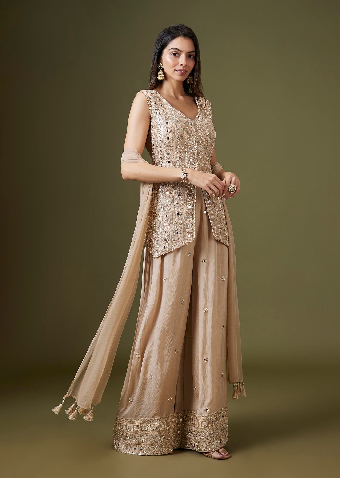 Champagne Gold Front Slit Palazzo Set With Mirror Cut Dana Embellishments