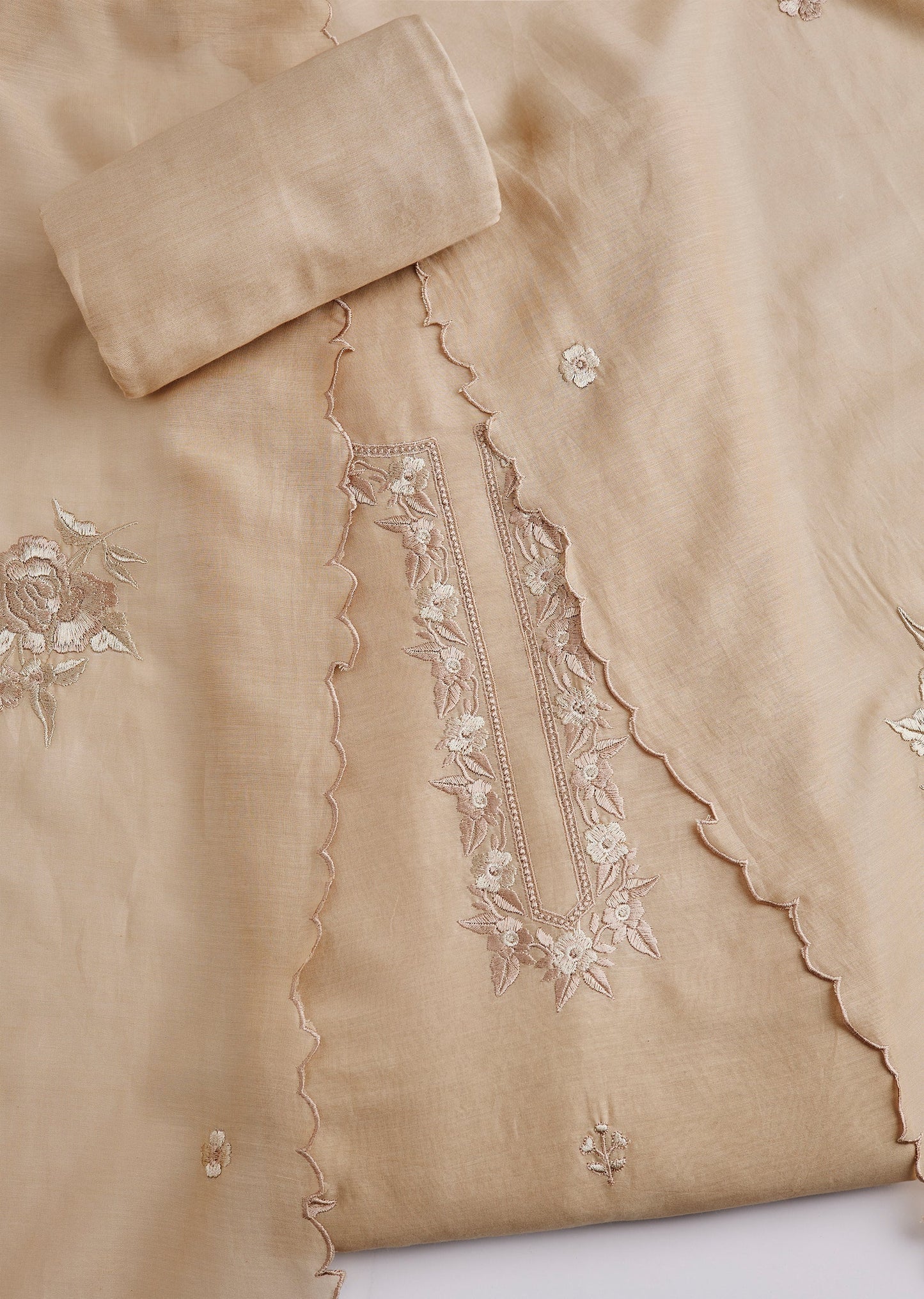 Beige Cotton Embroidered Unstitched Suit Set With Dupatta