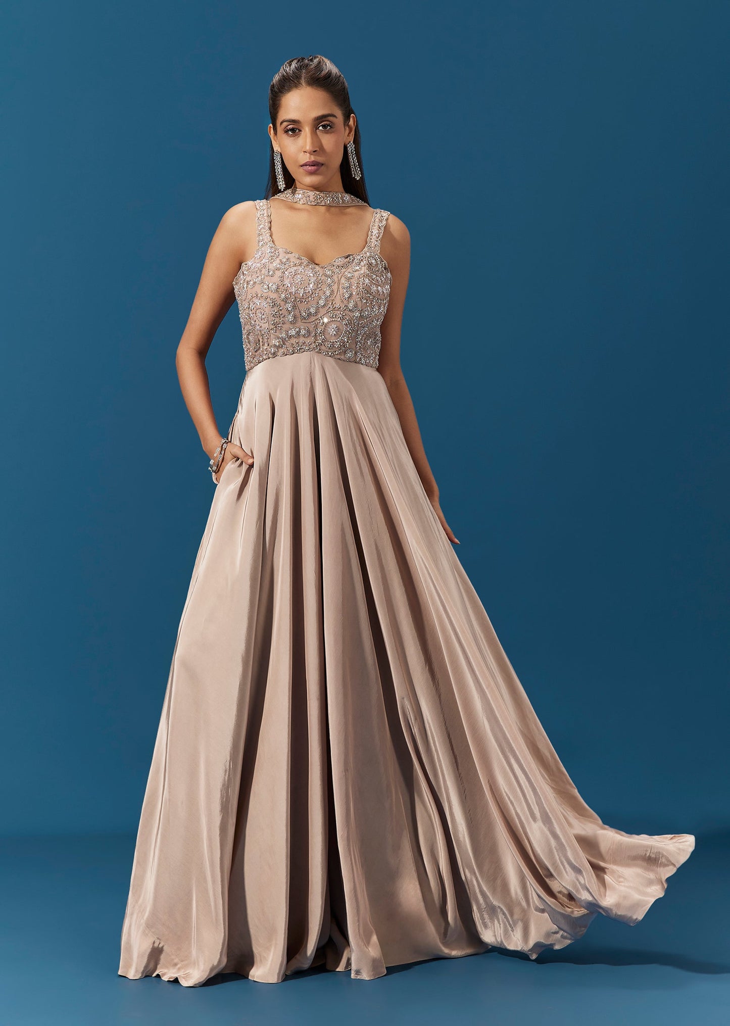 Beige Crepe Embellished Jumpsuit With Choker Dupatta