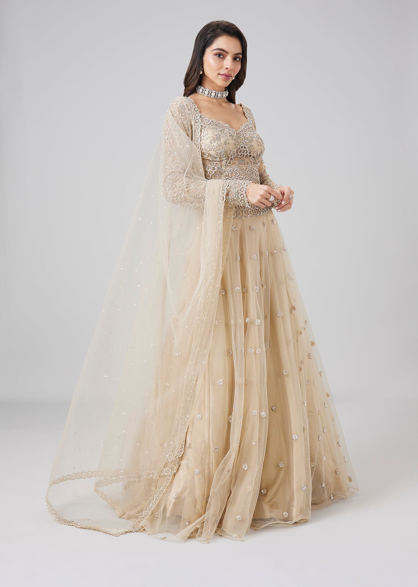 Beige Embellished Net Lehenga Set With Dupatta