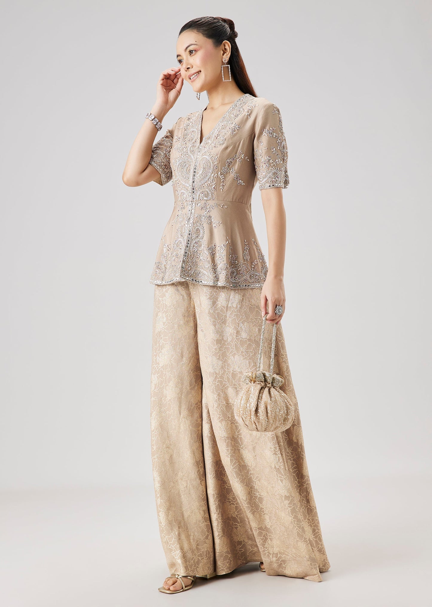 Beige Embellished Peplum Kurta And Jacquard Palazzo Set