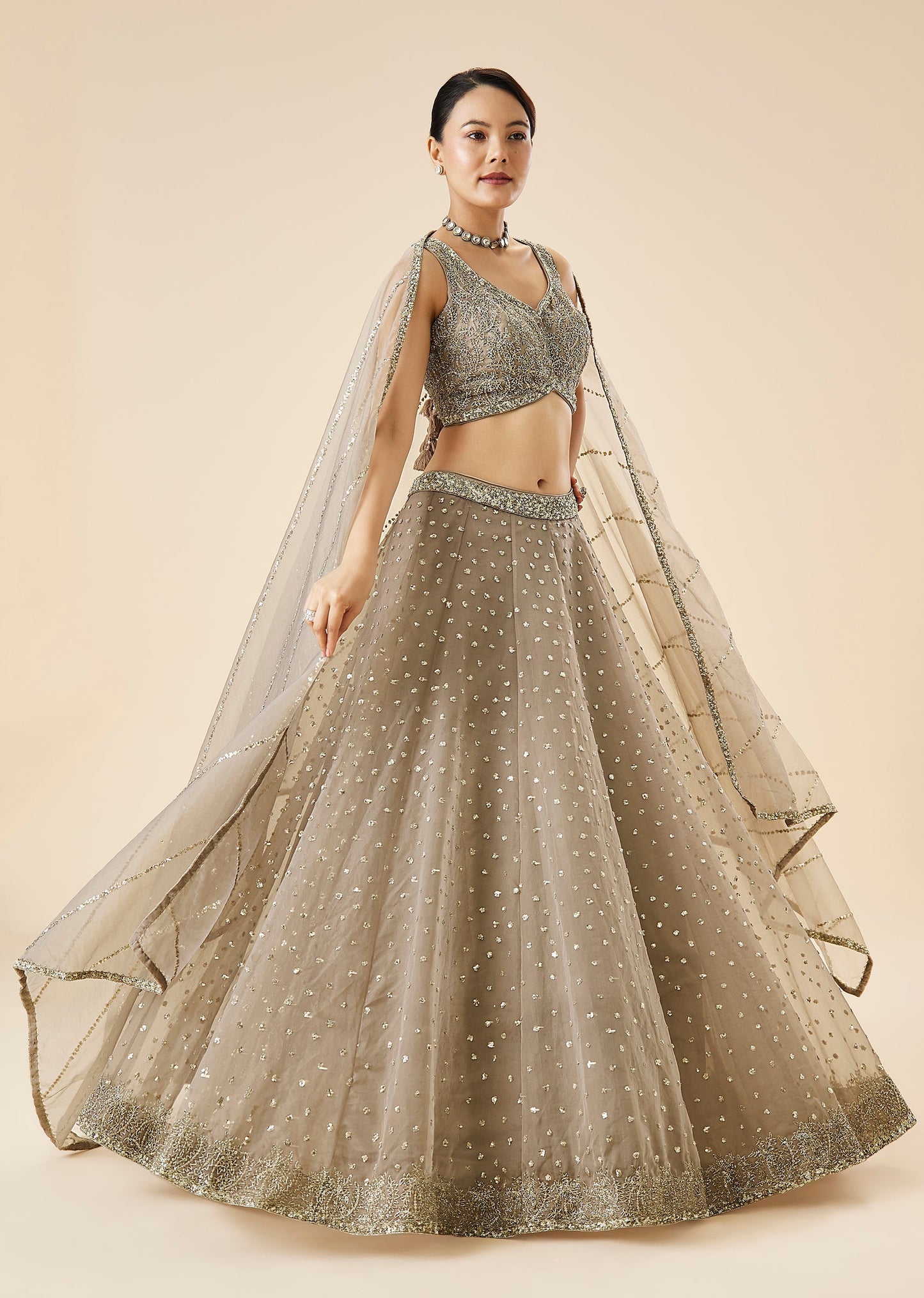 Beige Embroidered Net Lehenga Set With Dupatta