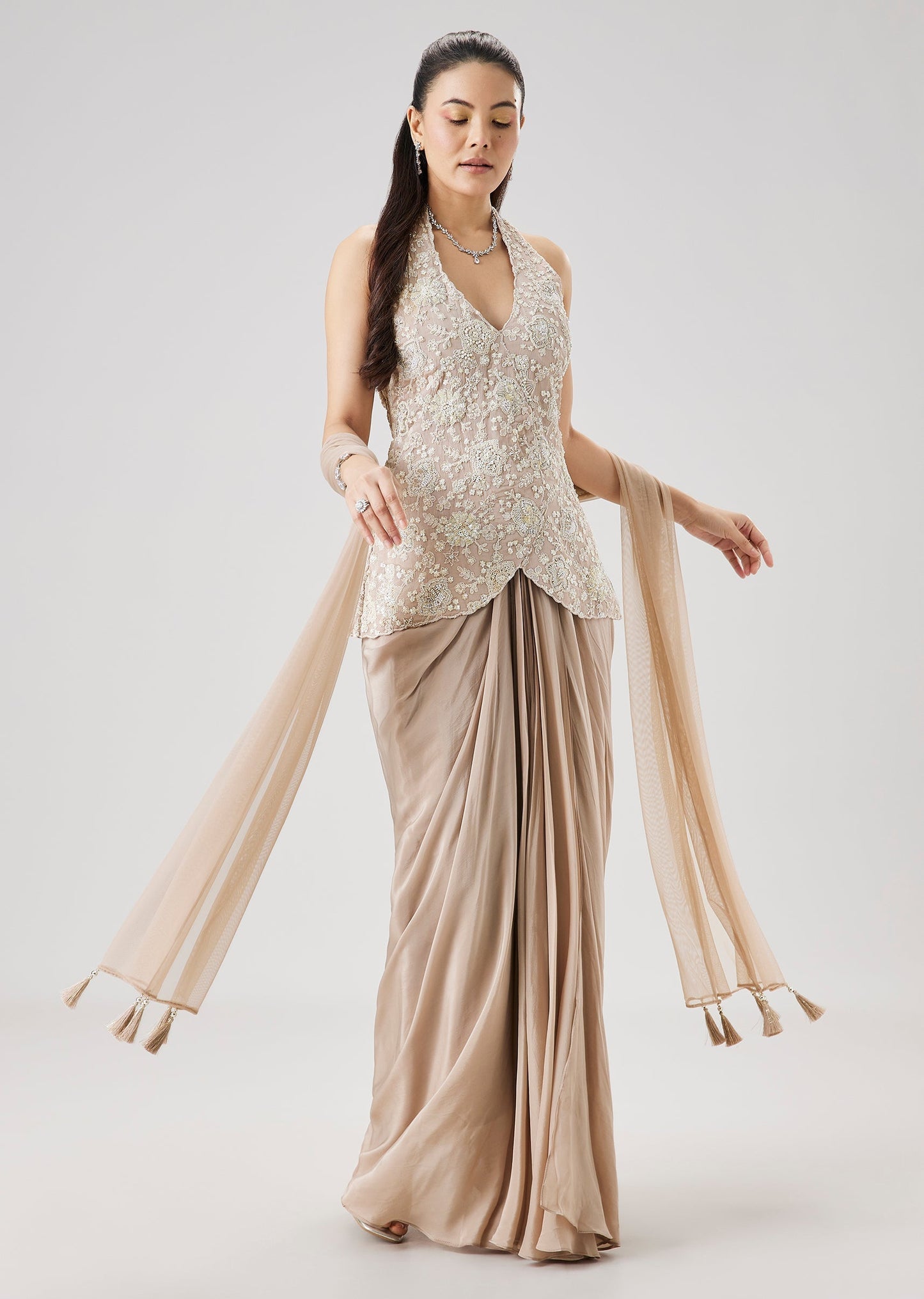 Beige Embroidered Drape Skirt Set With Dupatta