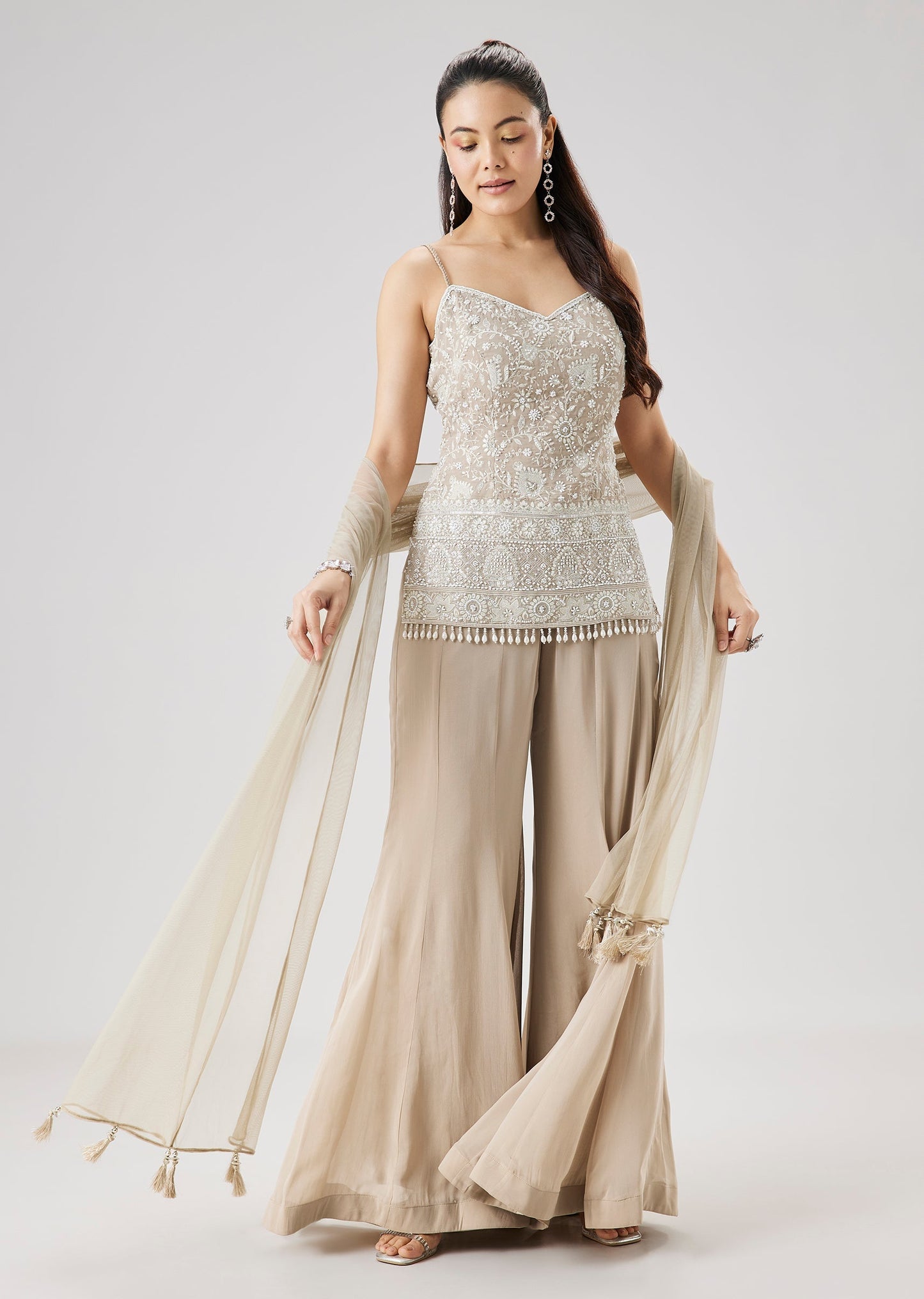 Beige Embroidered Palazzo Set With Dupatta