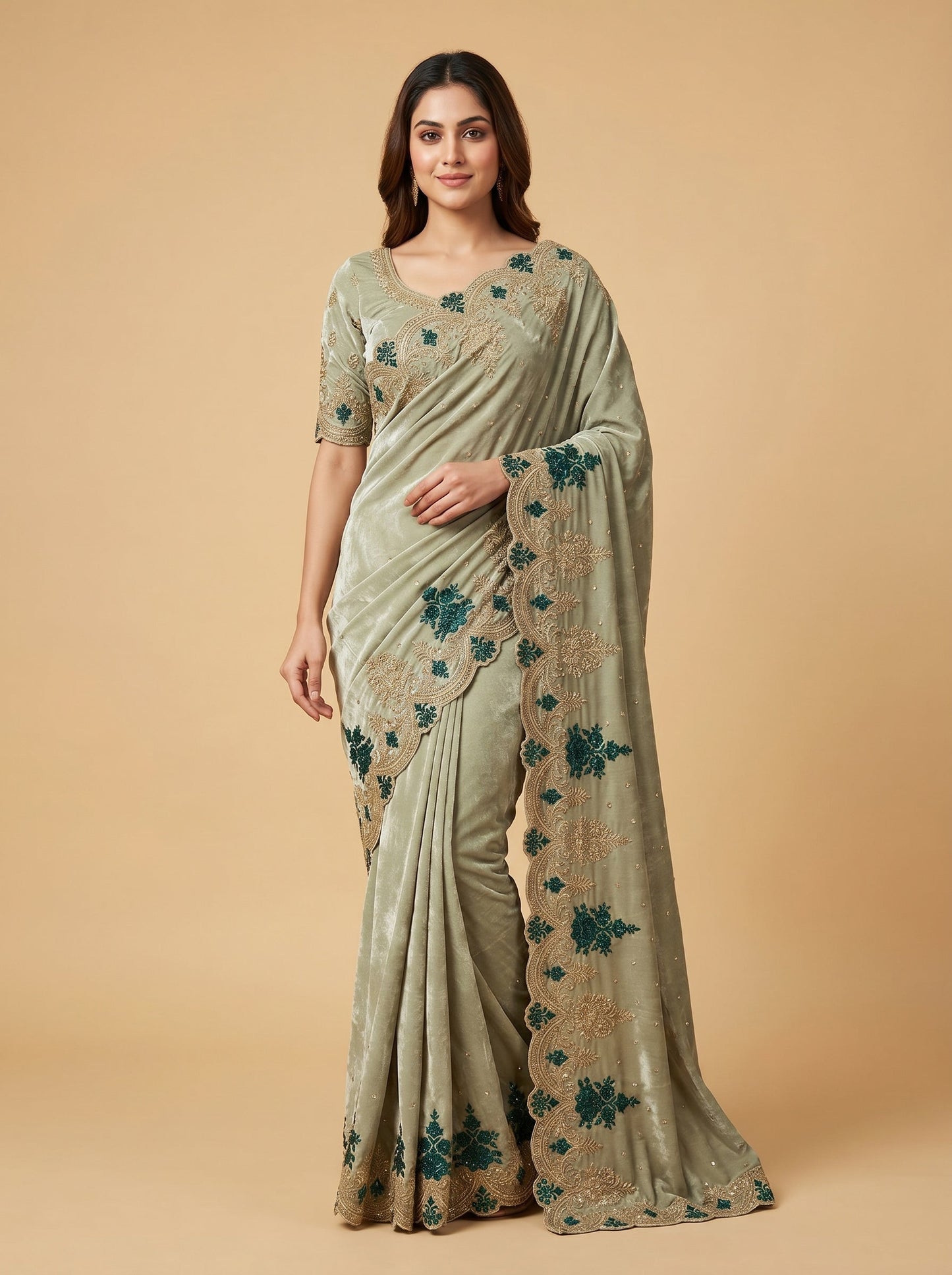 Beige embroidered saree with delicate motifs