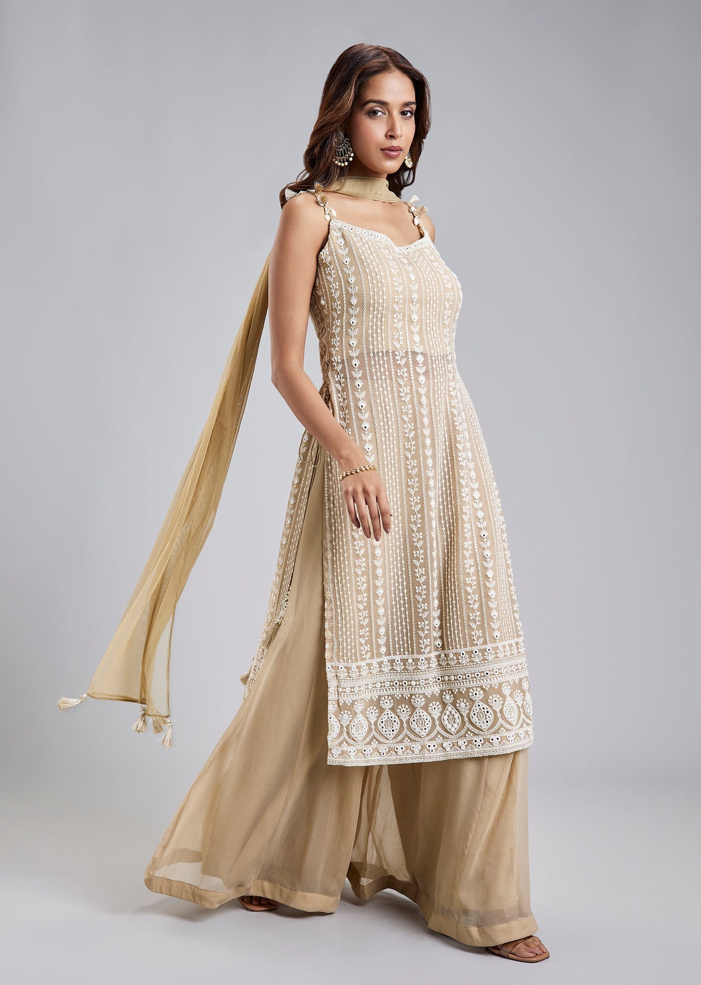 Beige Georgette Palazzo Set With Lucknowi Embroidery And Dupatta