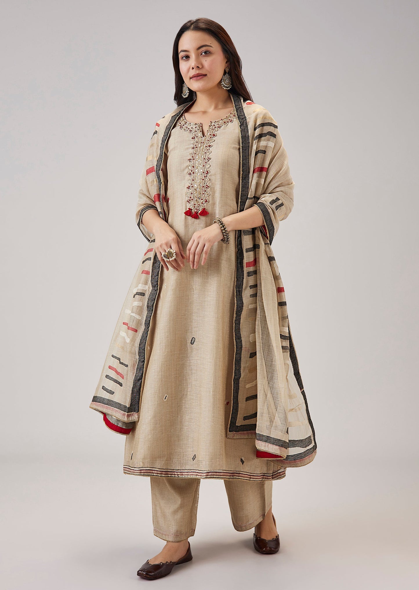Beige Handwork Chanderi Kurta Set