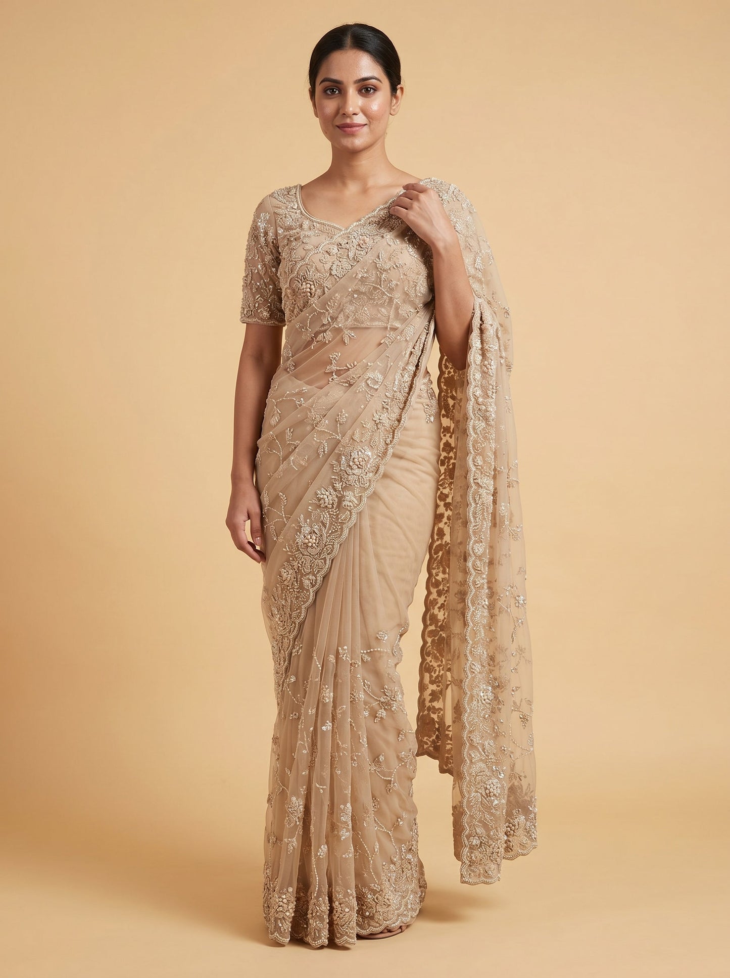 Beige Nude Harmony Embroidered Saree