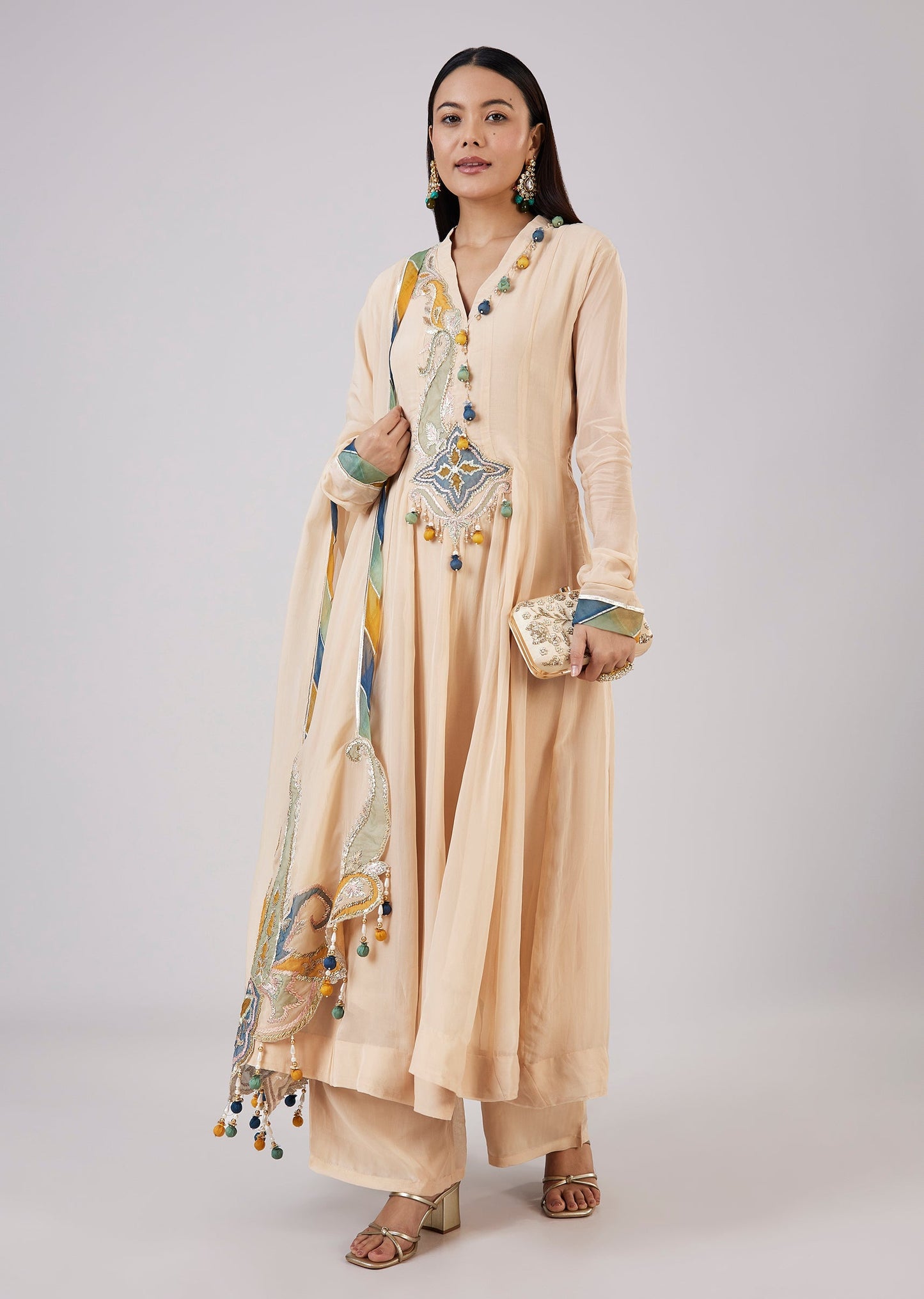 Beige Organza Anarkali With Gotta Lace