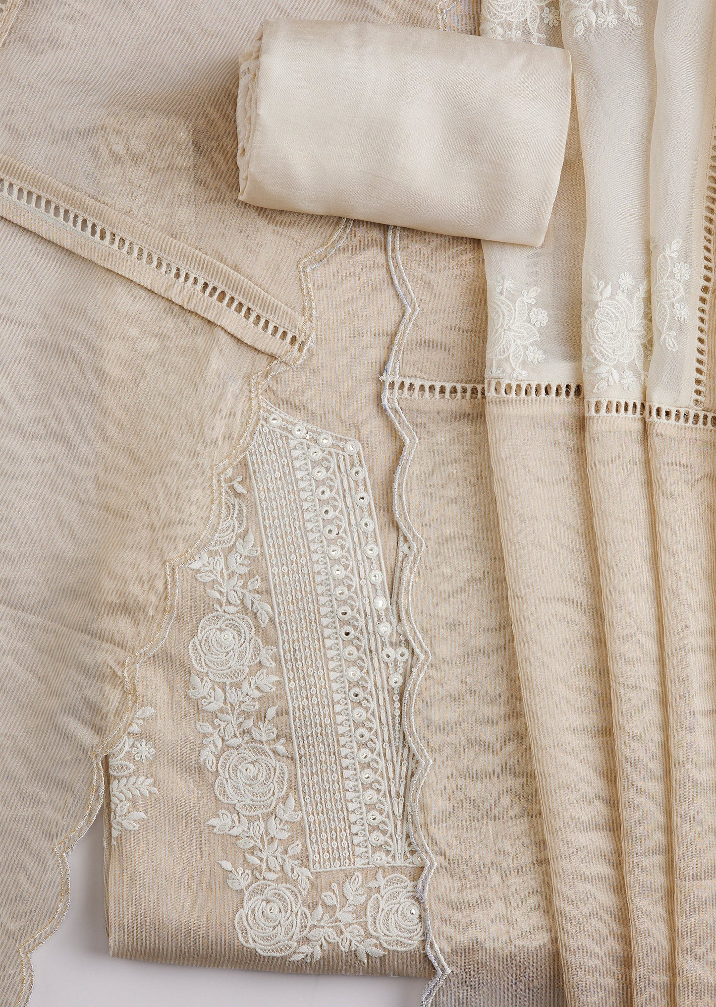 Beige Organza Embroidered Unstitched Suit Set With Dupatta
