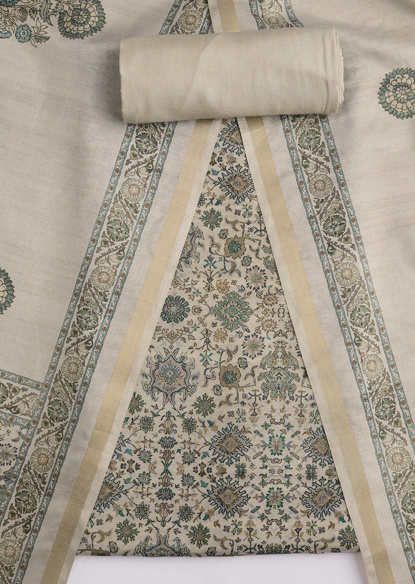 Beige Printed Dola Silk Unstitched Suit Set With Dupatta