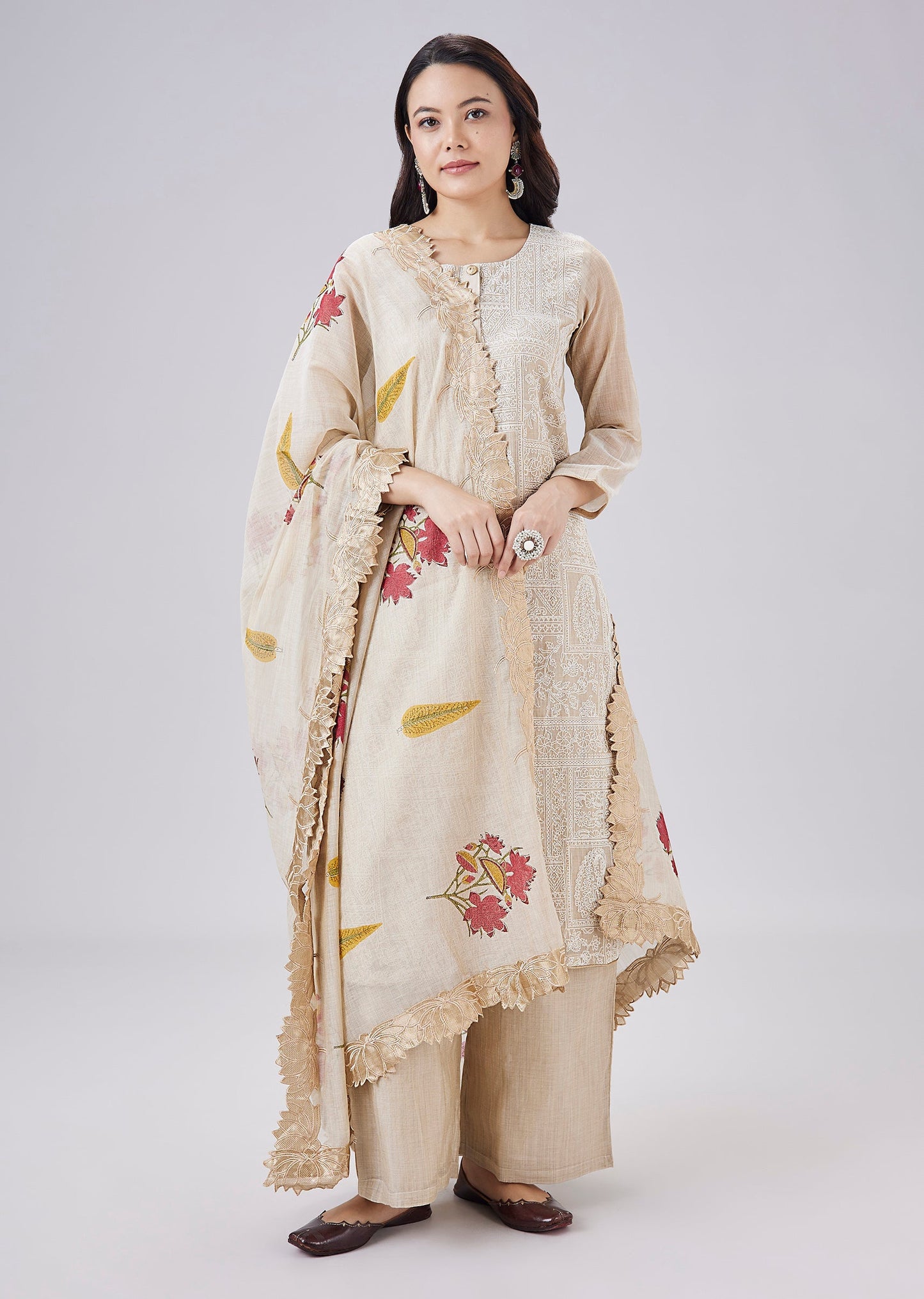 Beige Hand Block Embroidery Chanderi Kurta Set With Cut Work Dupatta