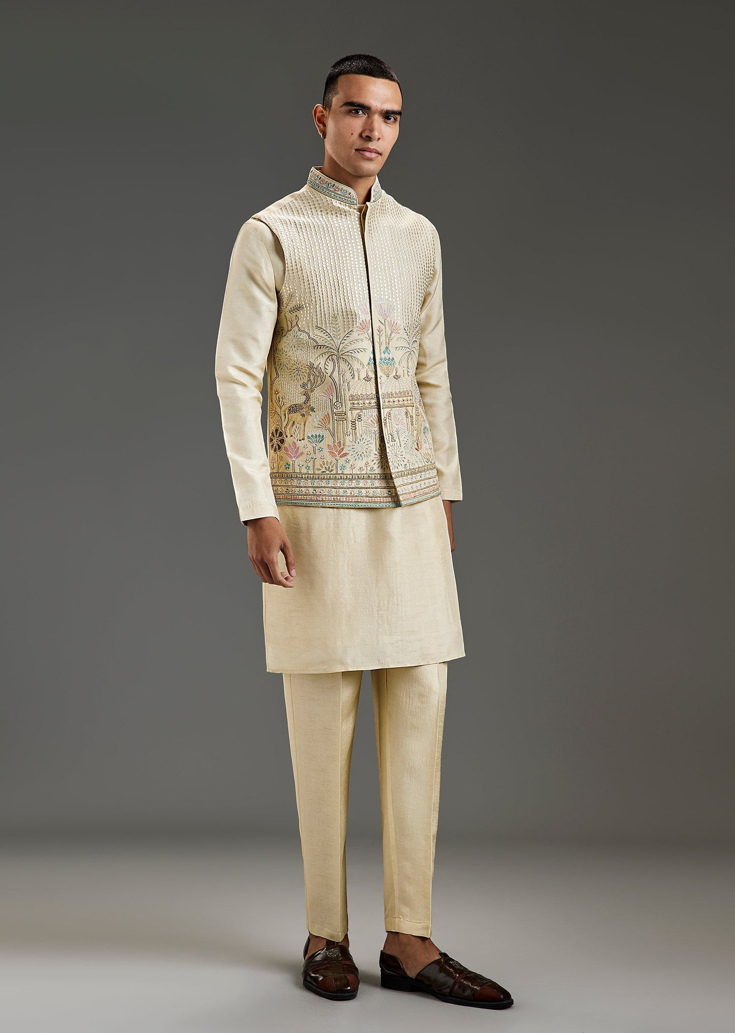 Beige Silk Kurta Jacket Set With Mughal Garden Resham Embroidery