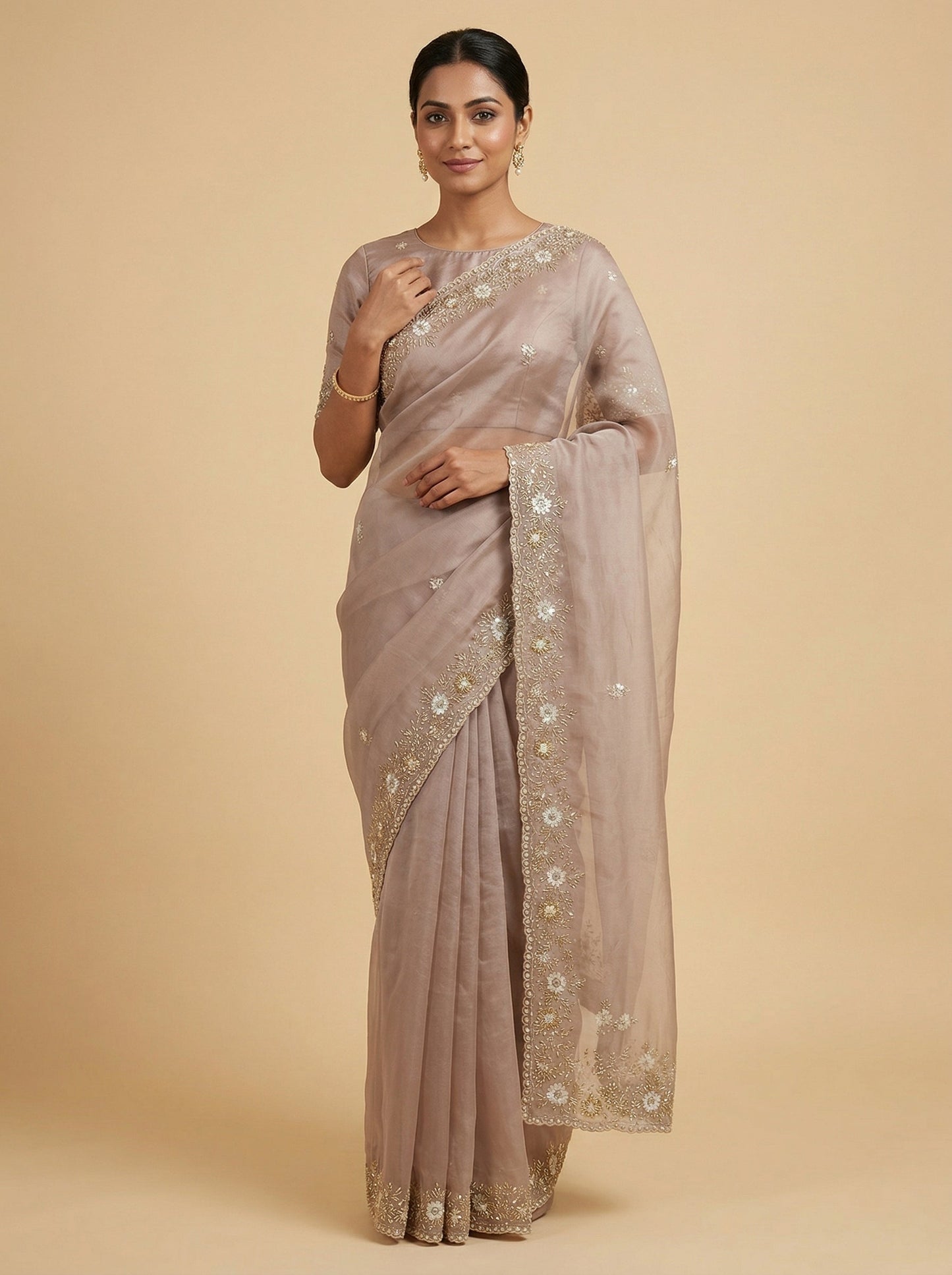 Beige Softened Embroidered Saree