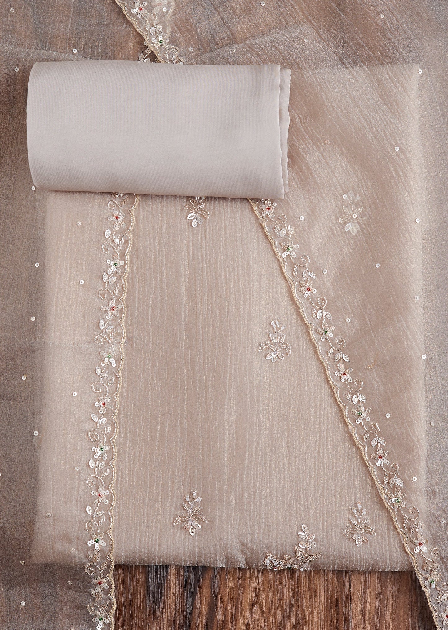 Beige Tissue Embroidered Dress Material Suit
