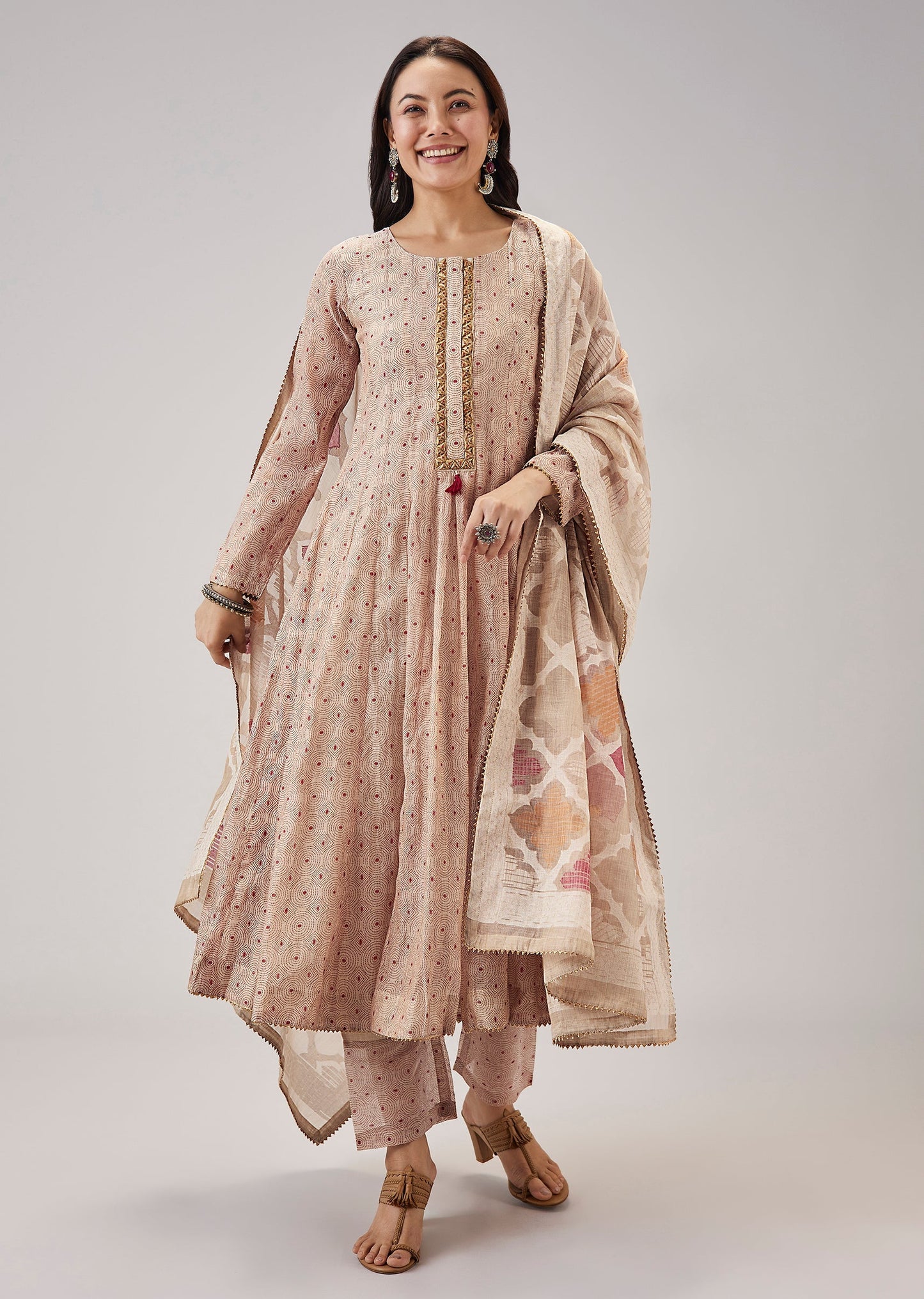 Beige Printed Chanderi Anarkali Set