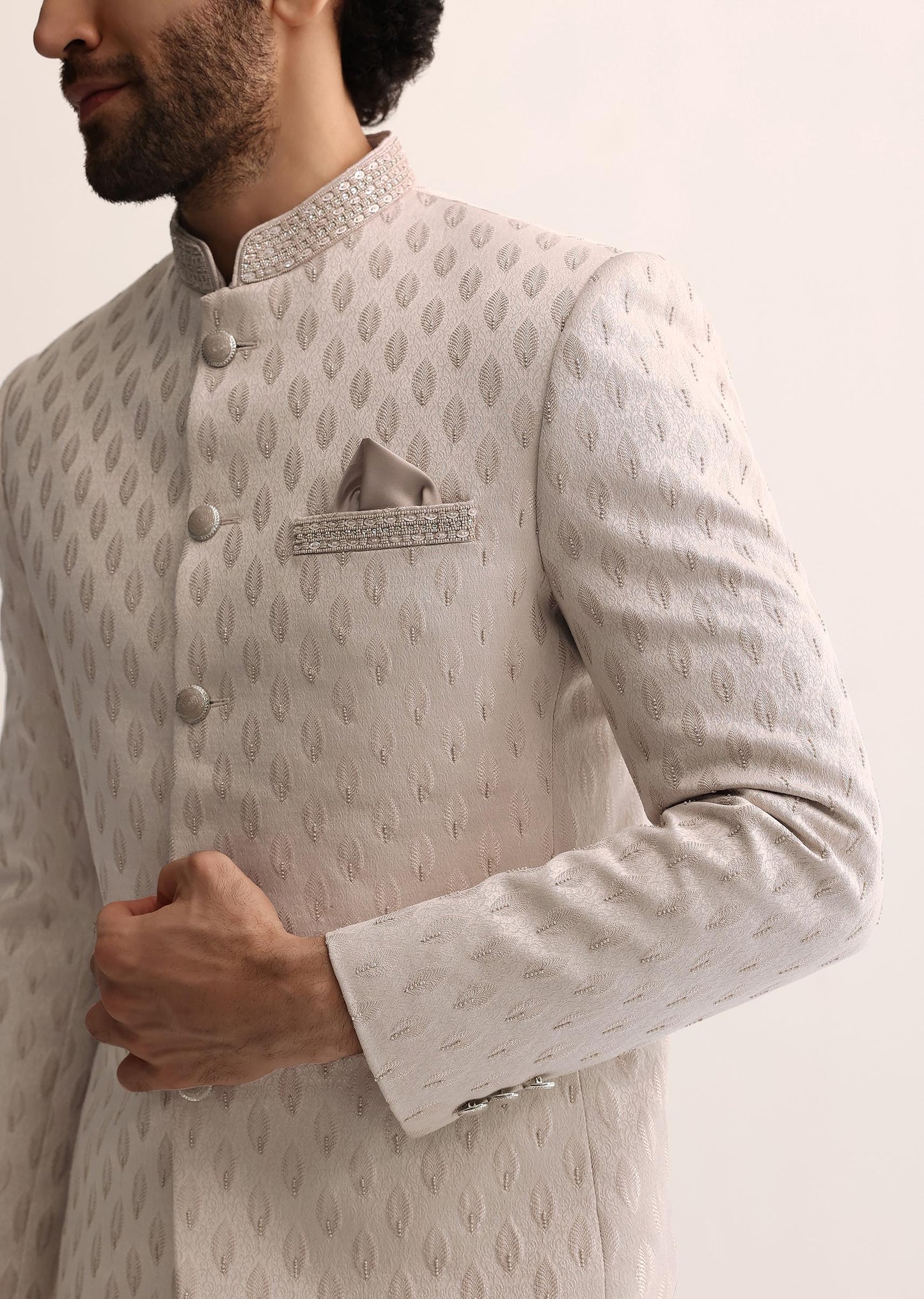 Beige Jodhpuri Suit With Self Work Embroidery For Men