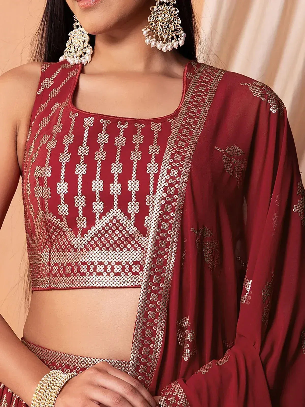 Tulsi Art Bewitching Maroon Sequins Georgette Wedding Wear Lehenga Choli