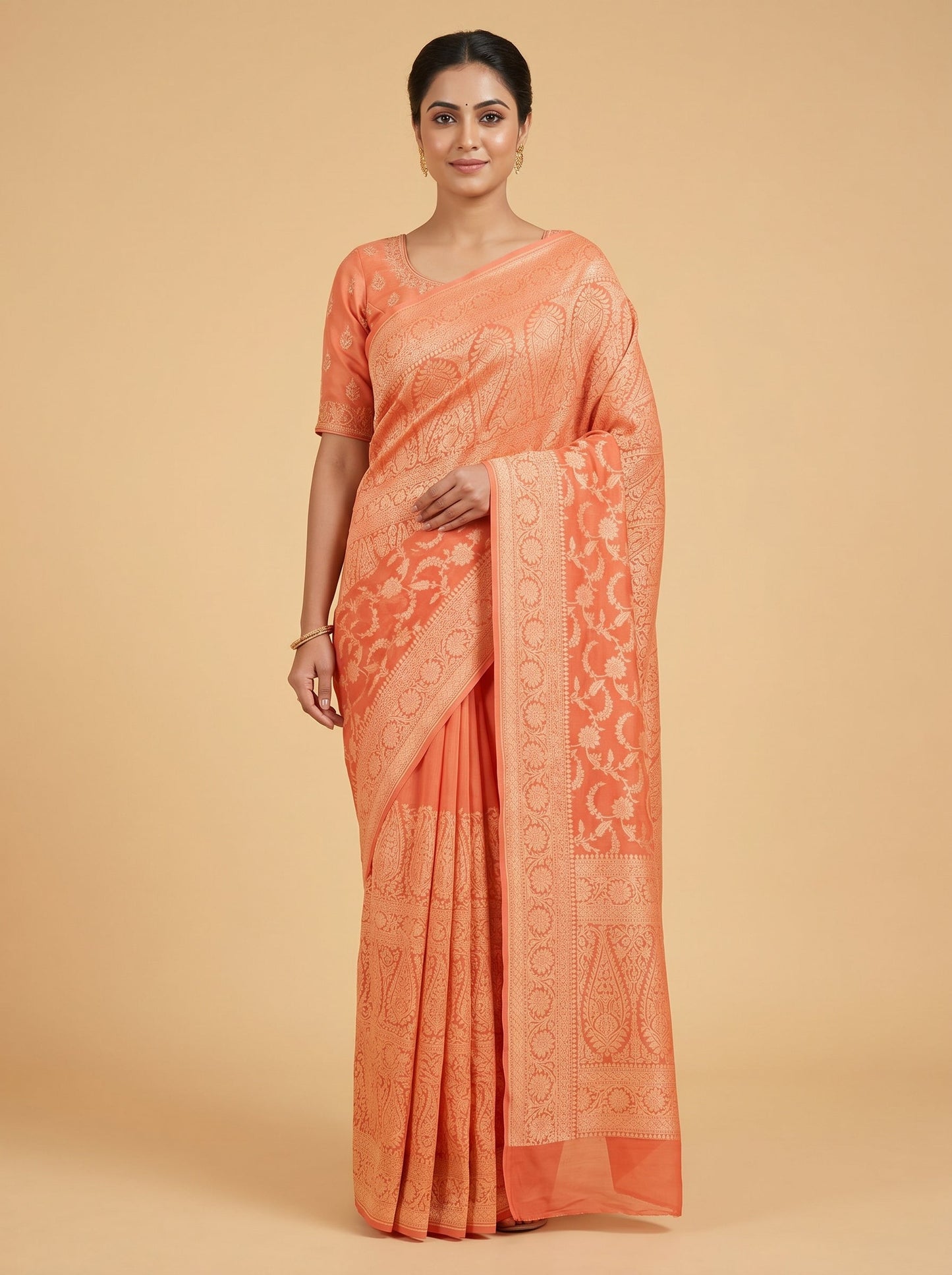 Biscuit Peach Handloom Saree
