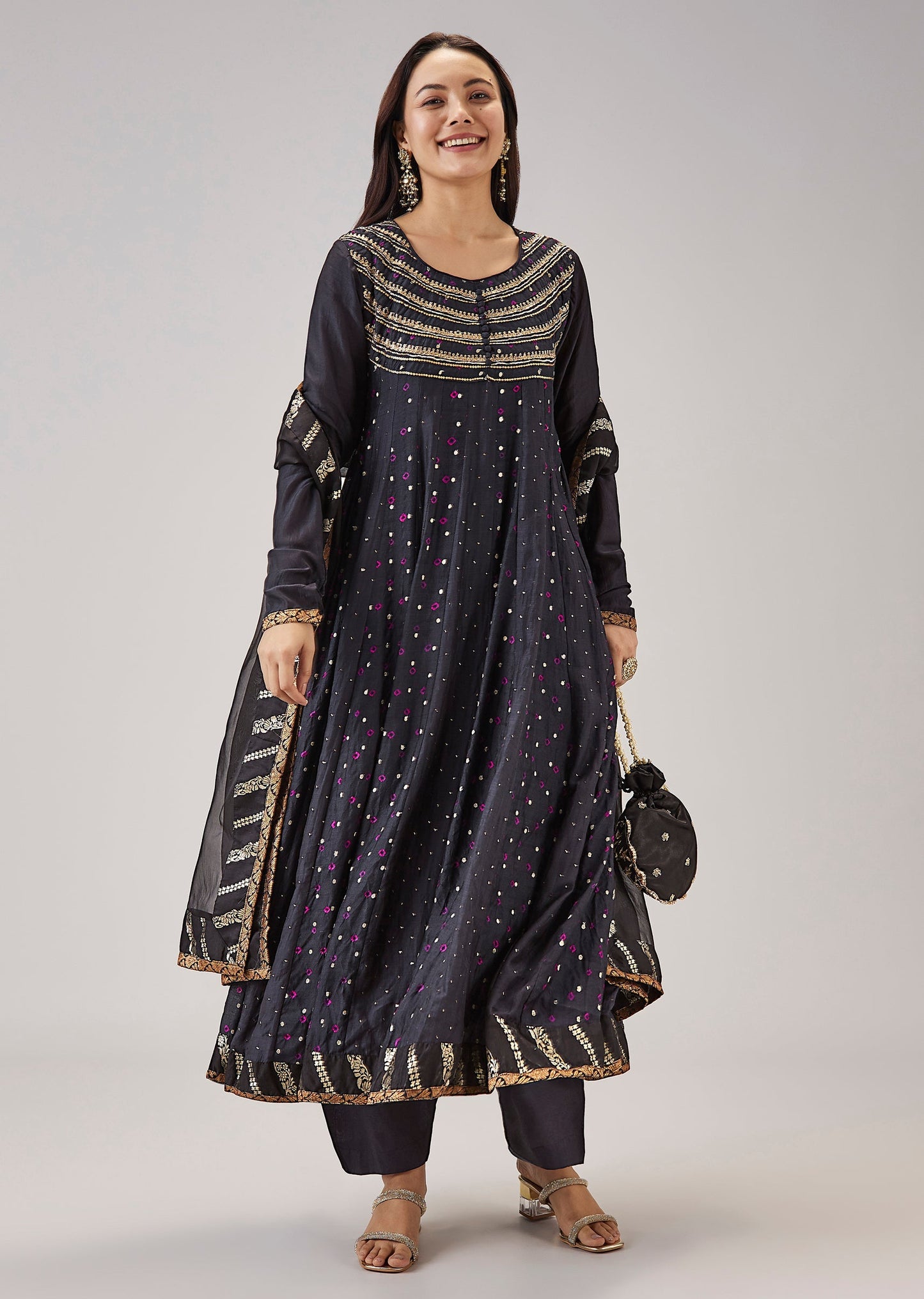 Black Banarasi Silk Bandhani Anarkali Set With Mukaish Work