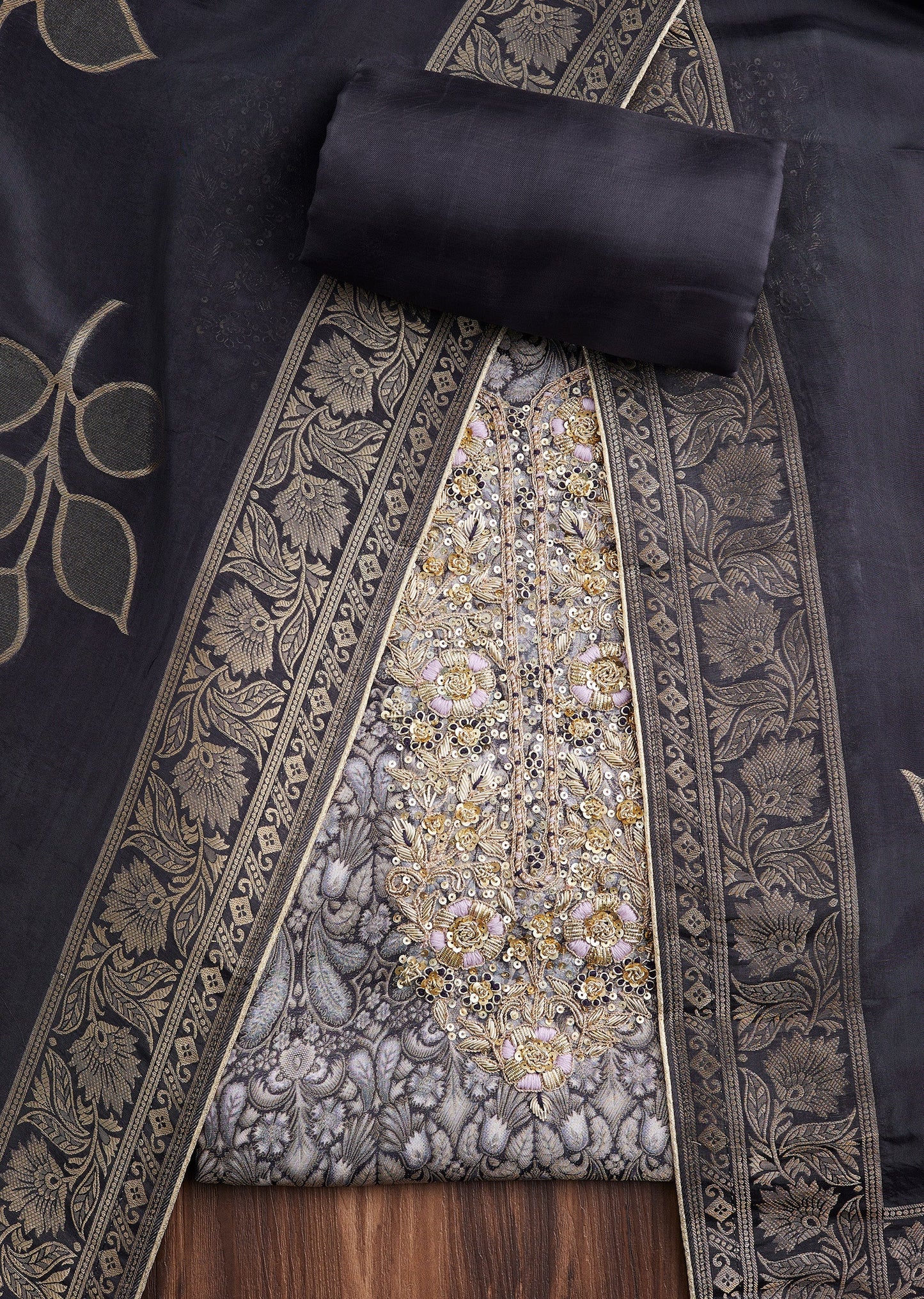 Black Brocade Banarasi Embroidered Silk Unstitched Suit