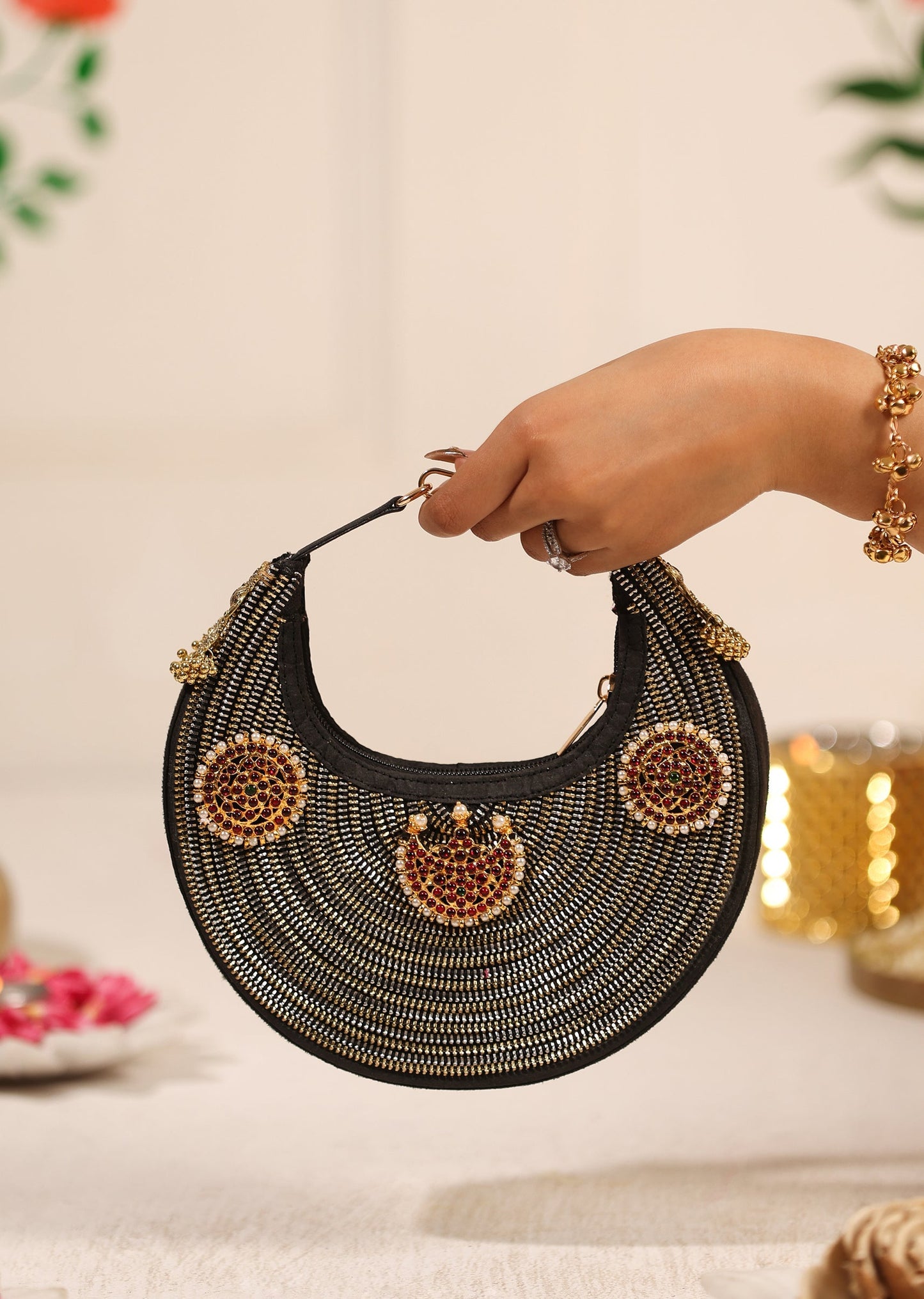 Black Brocade Handbag With Silver Embellishments