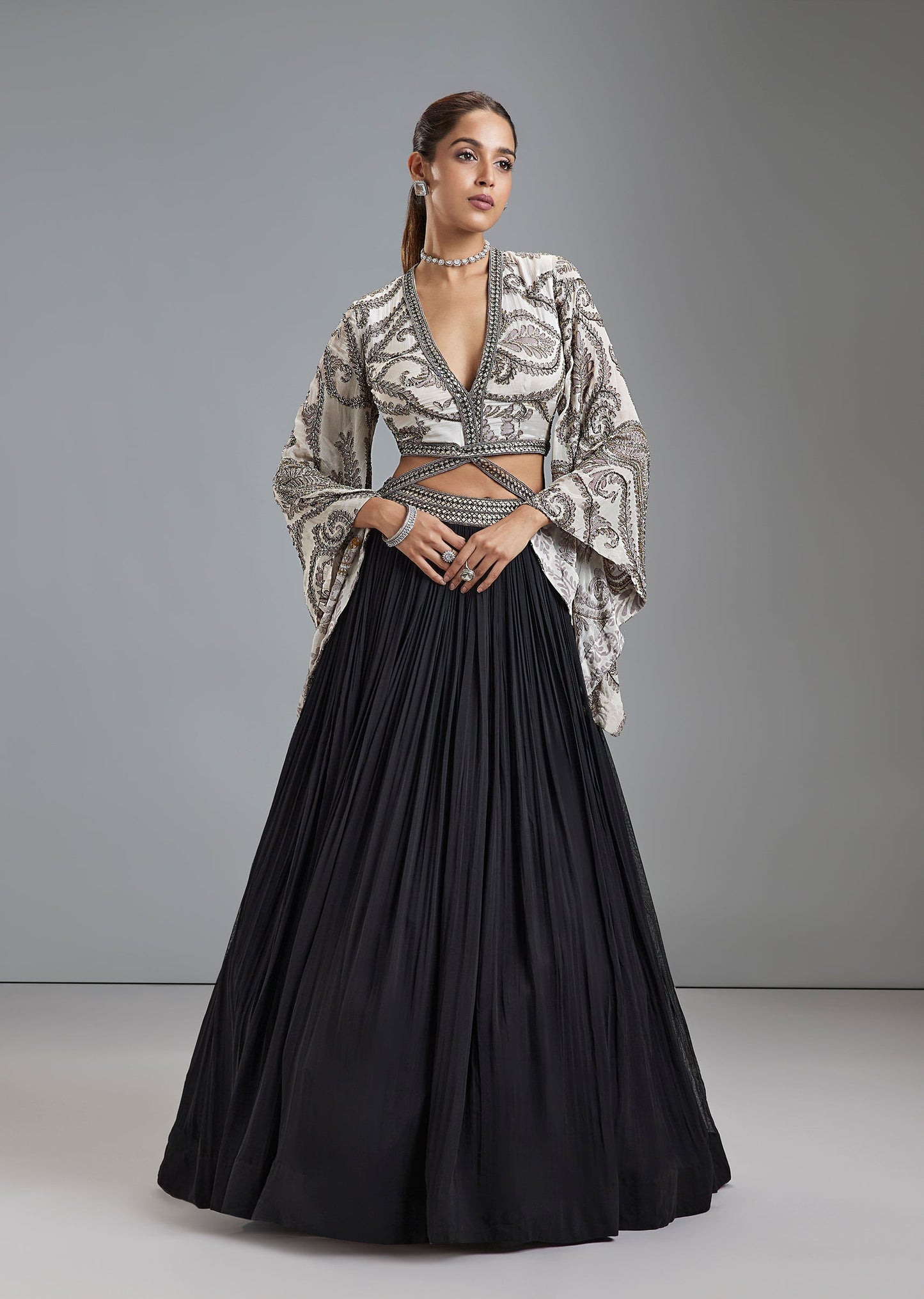 Black Chinon Leaf Print Crop Top And Skirt With Cut Dana Work