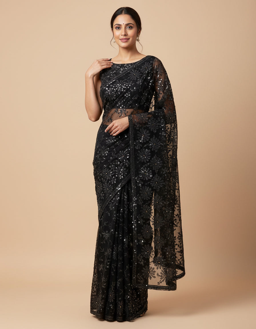 Black Refined Embroidered Saree