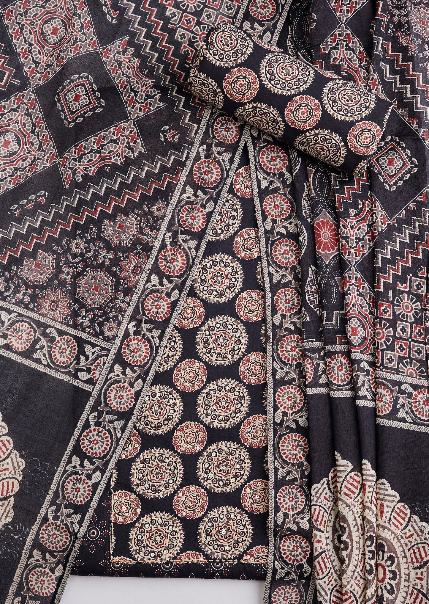 Black Cotton Ajrakh Printed Unstitched Suit Set With Dupatta