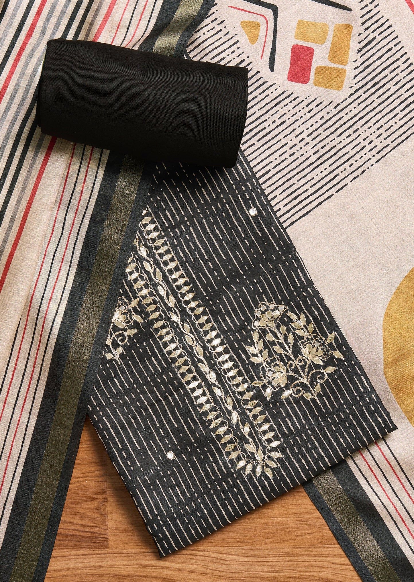 Black Cotton Printed Unstitched Suit