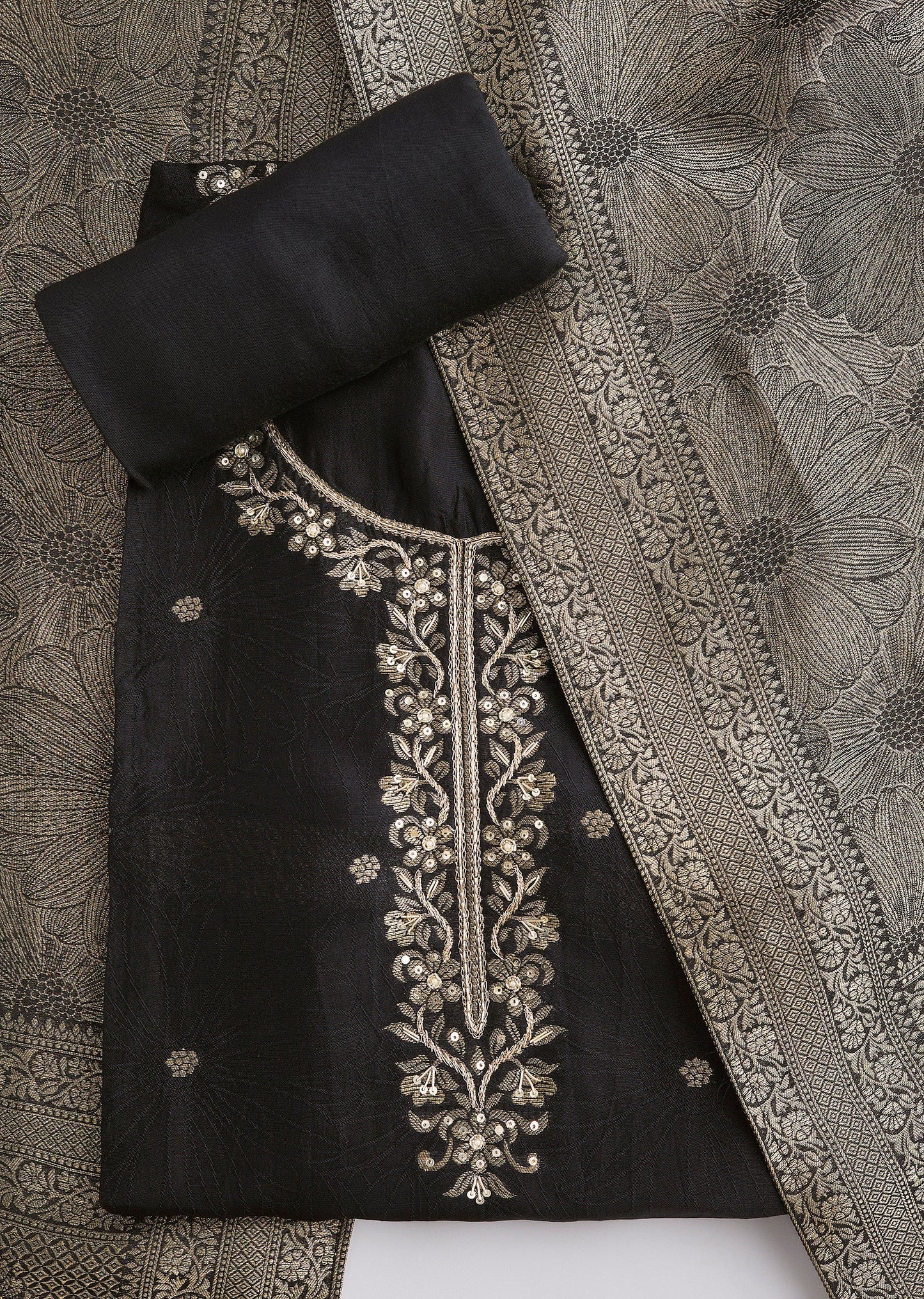 Black Dola Silk Embroidered Unstitched Suit Set With Dupatta