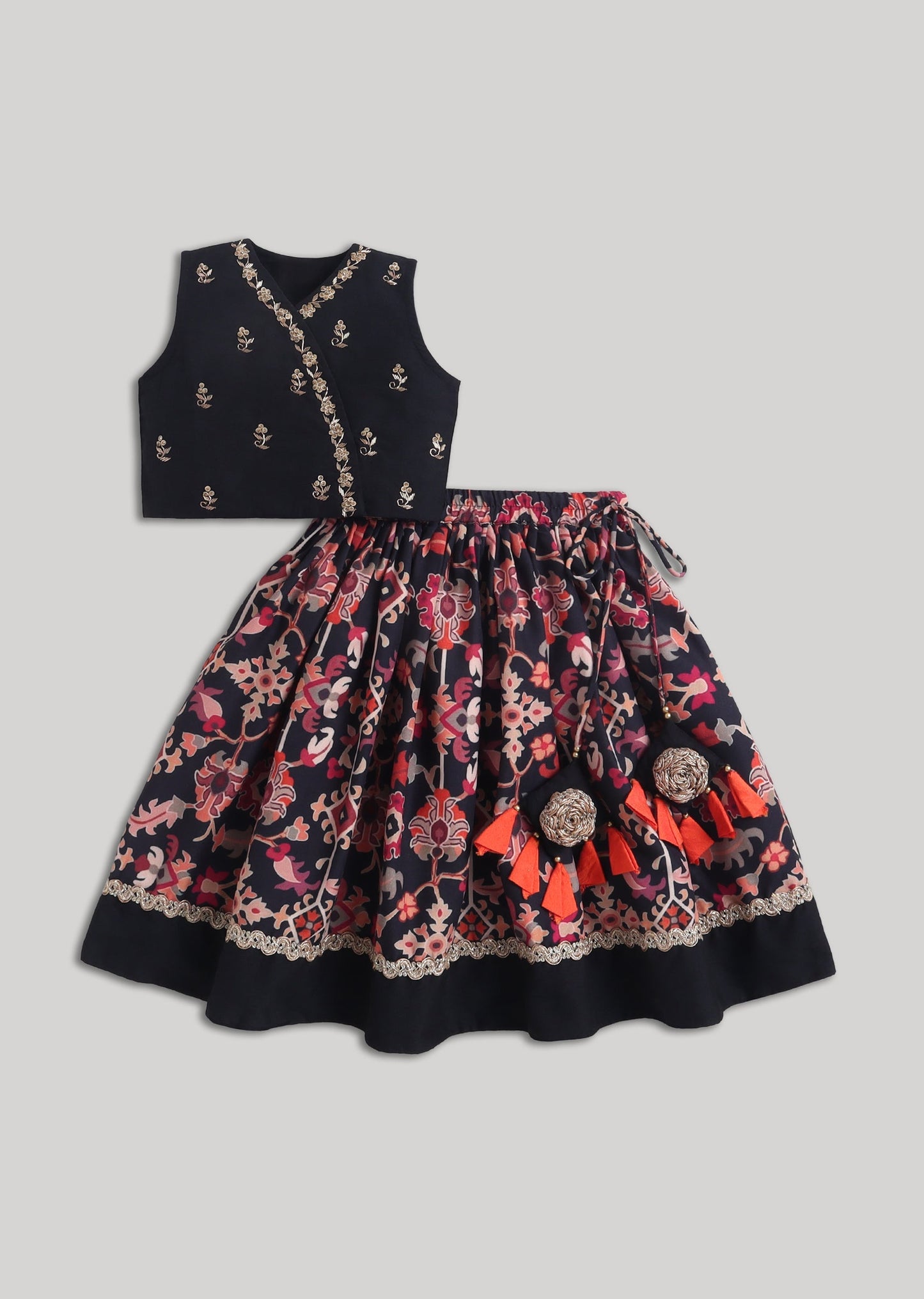 Black Embroidered Girls Lehenga Set