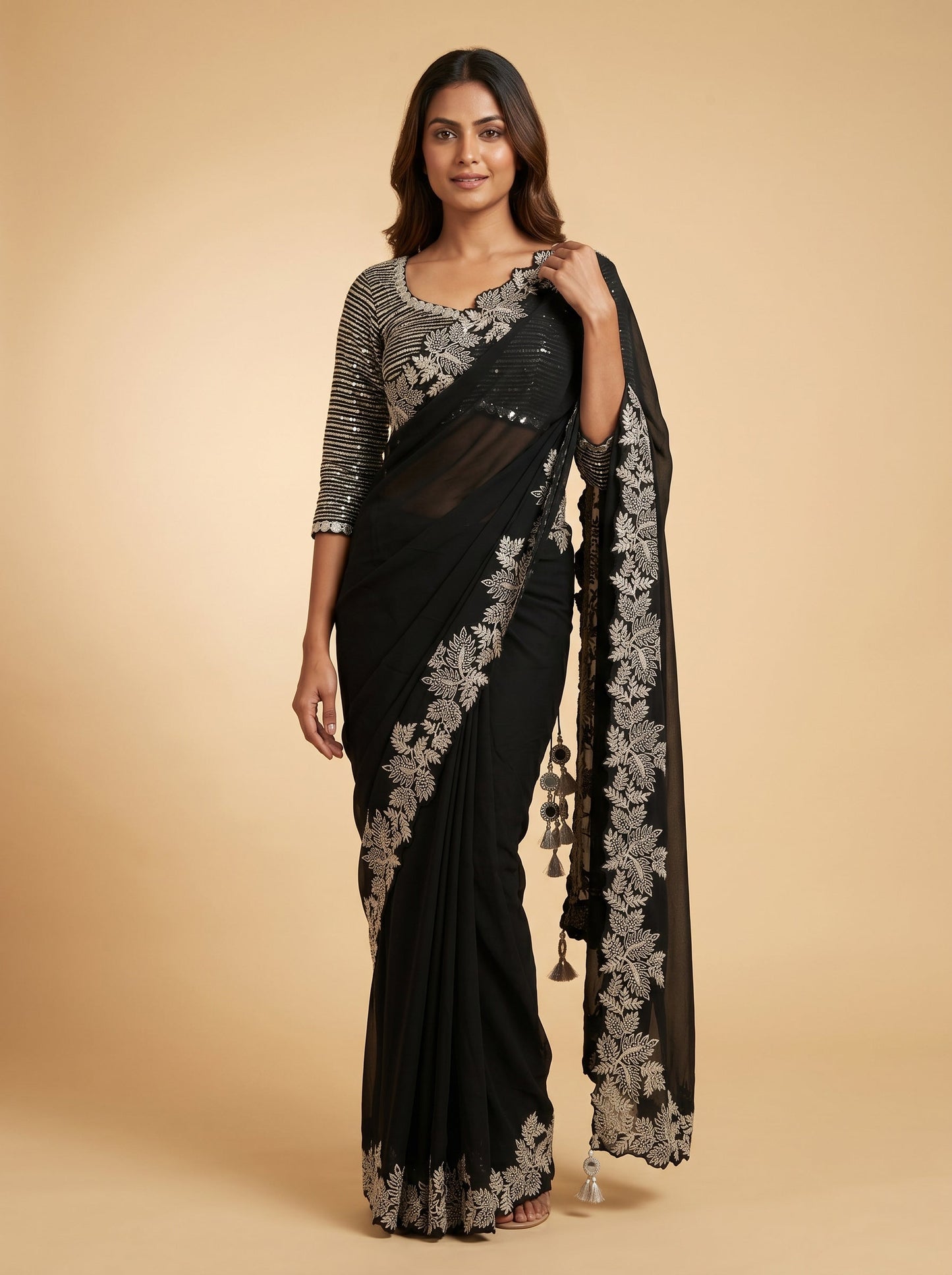 Black embroidered saree with contrast motifs