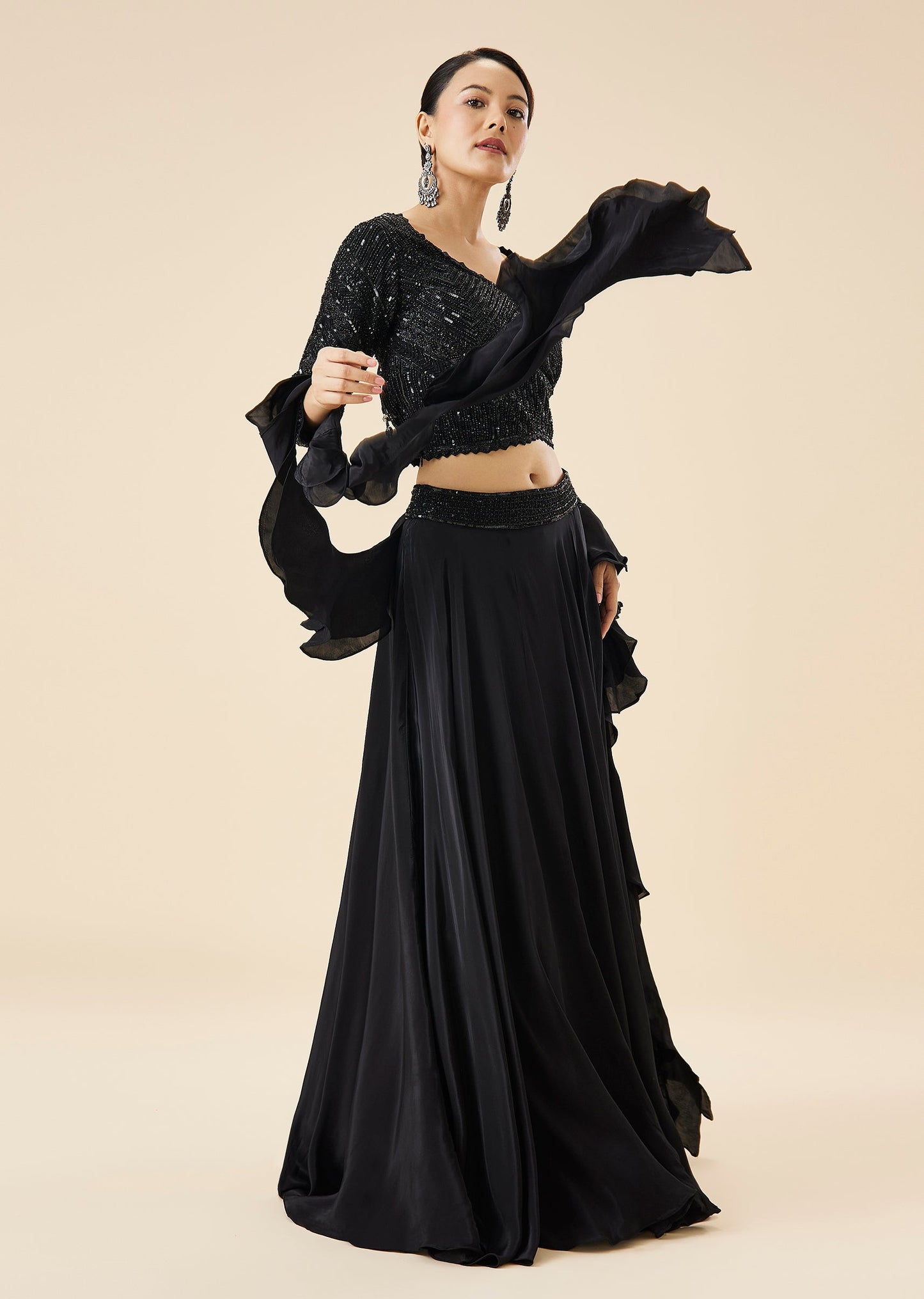 Black Fusion Lehenga Set With Ruffle Dupatta
