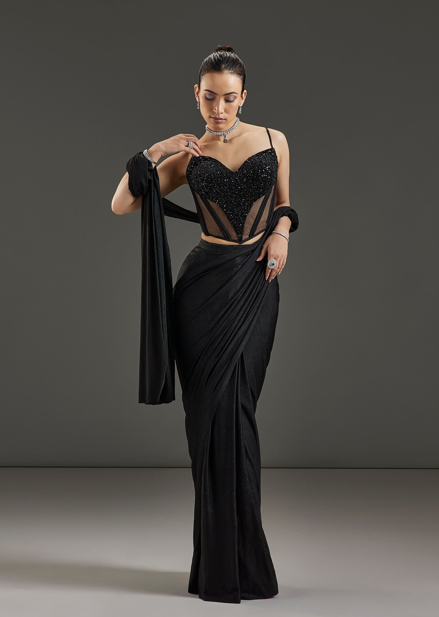 Black Lycra Drape Saree With Pearl Embellished Corset