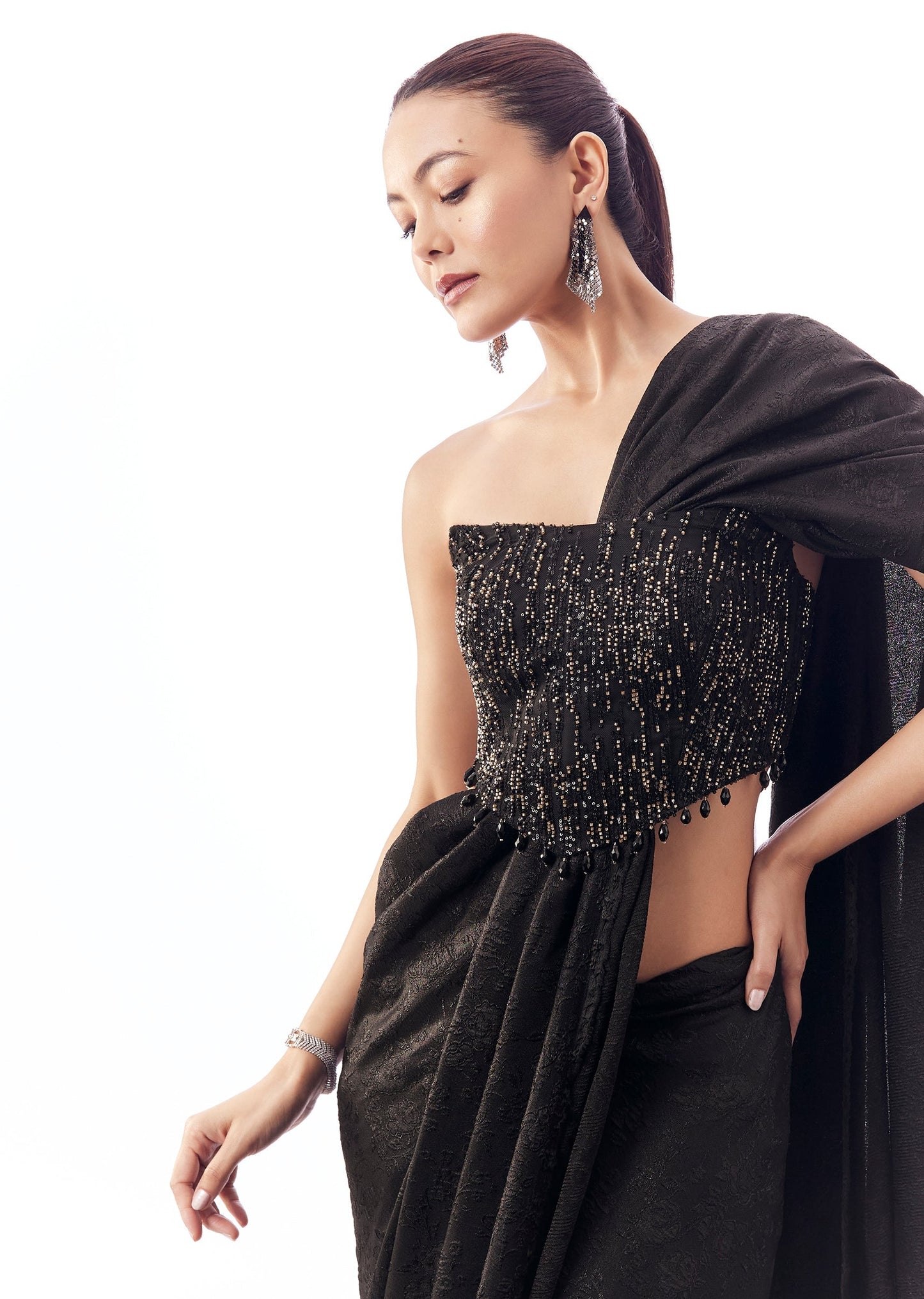 Black Milano Corset Blouse With Cutdana And Square Neck