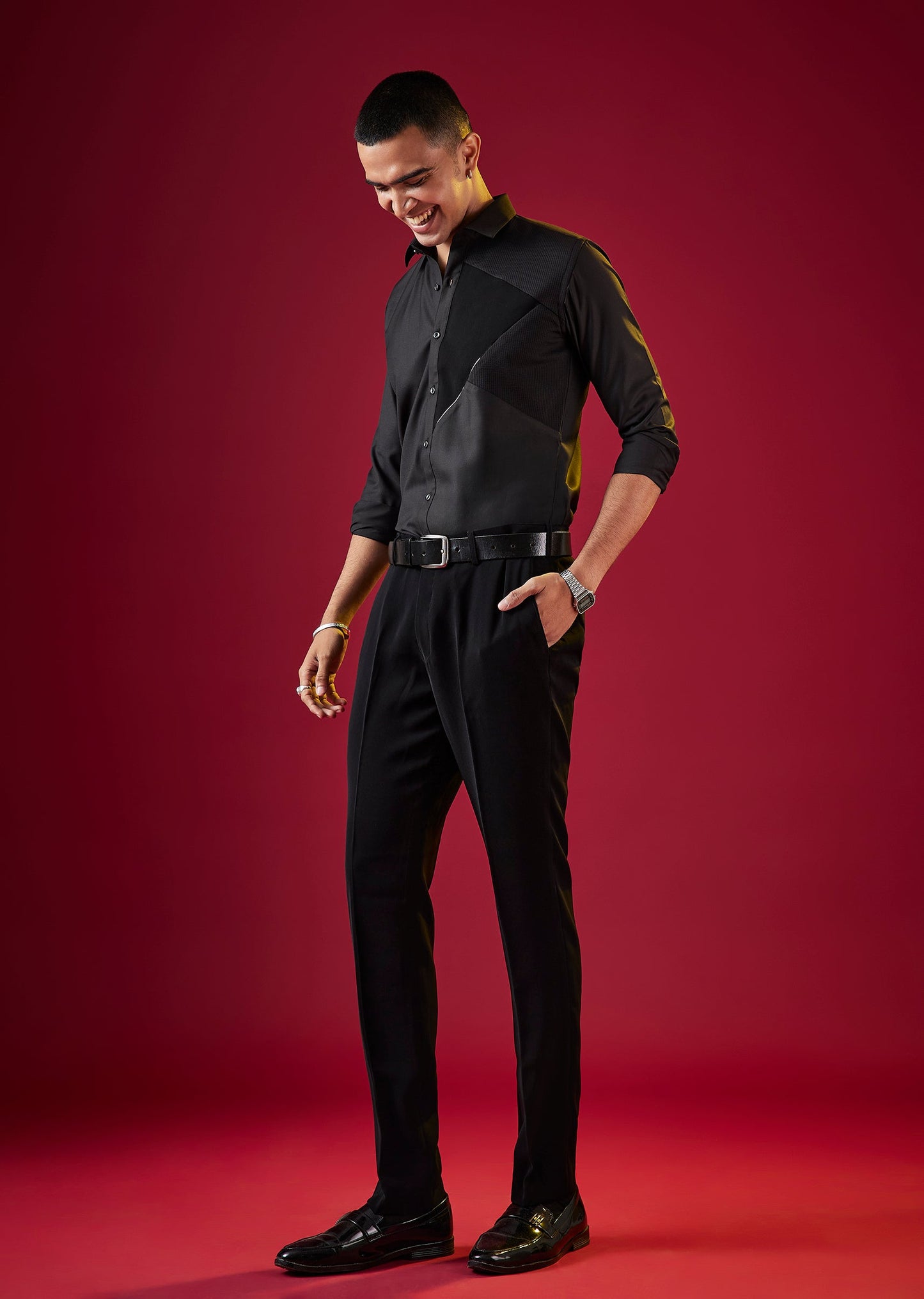 Black Patchwork Embroidered Mens Shirt
